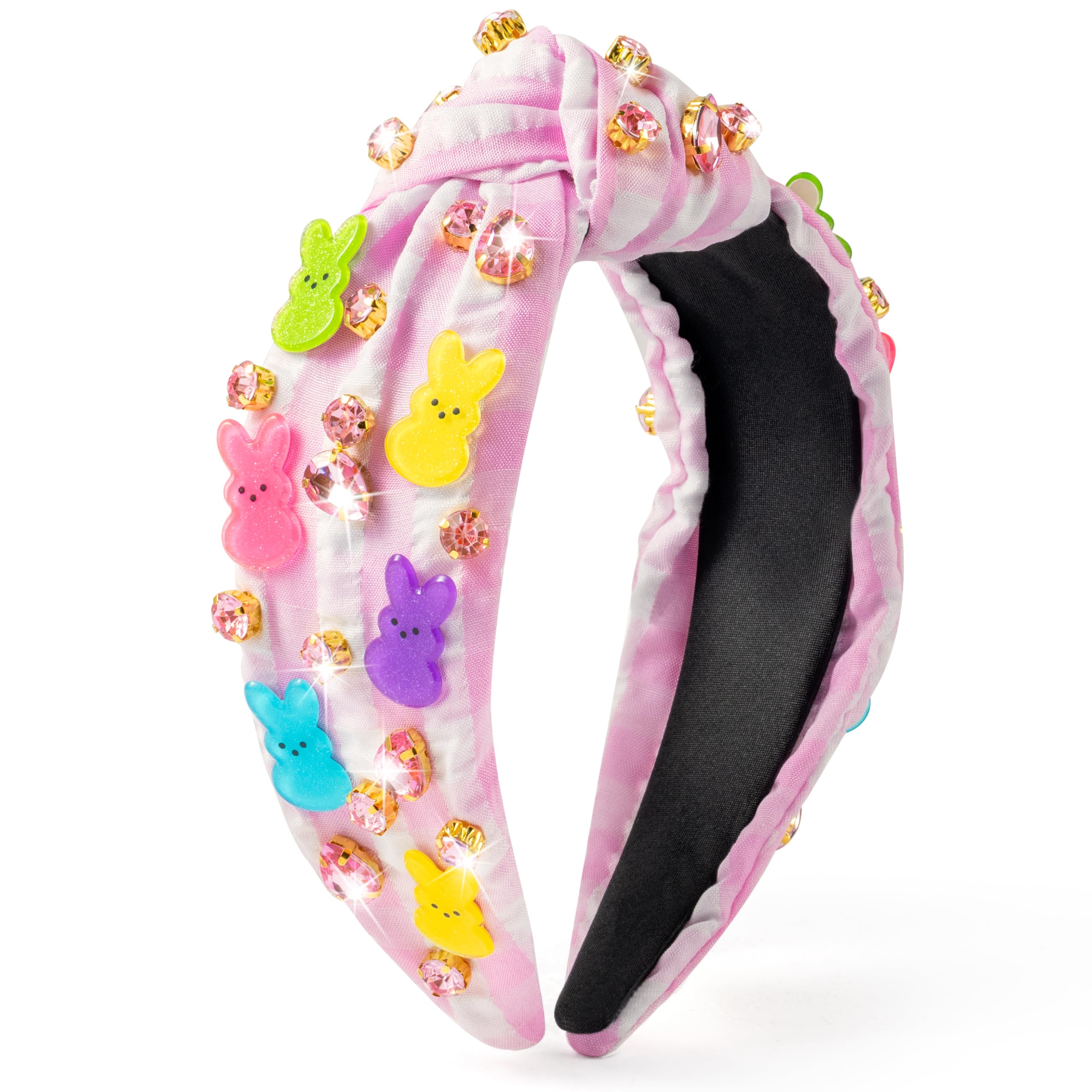 PANTIDE Easter Bunny Jeweled Knotted Headband - Rabbits Rhinestone Crystal Embellished Headband Wide Top Knot Hairband Hair Accessories Easter Spring