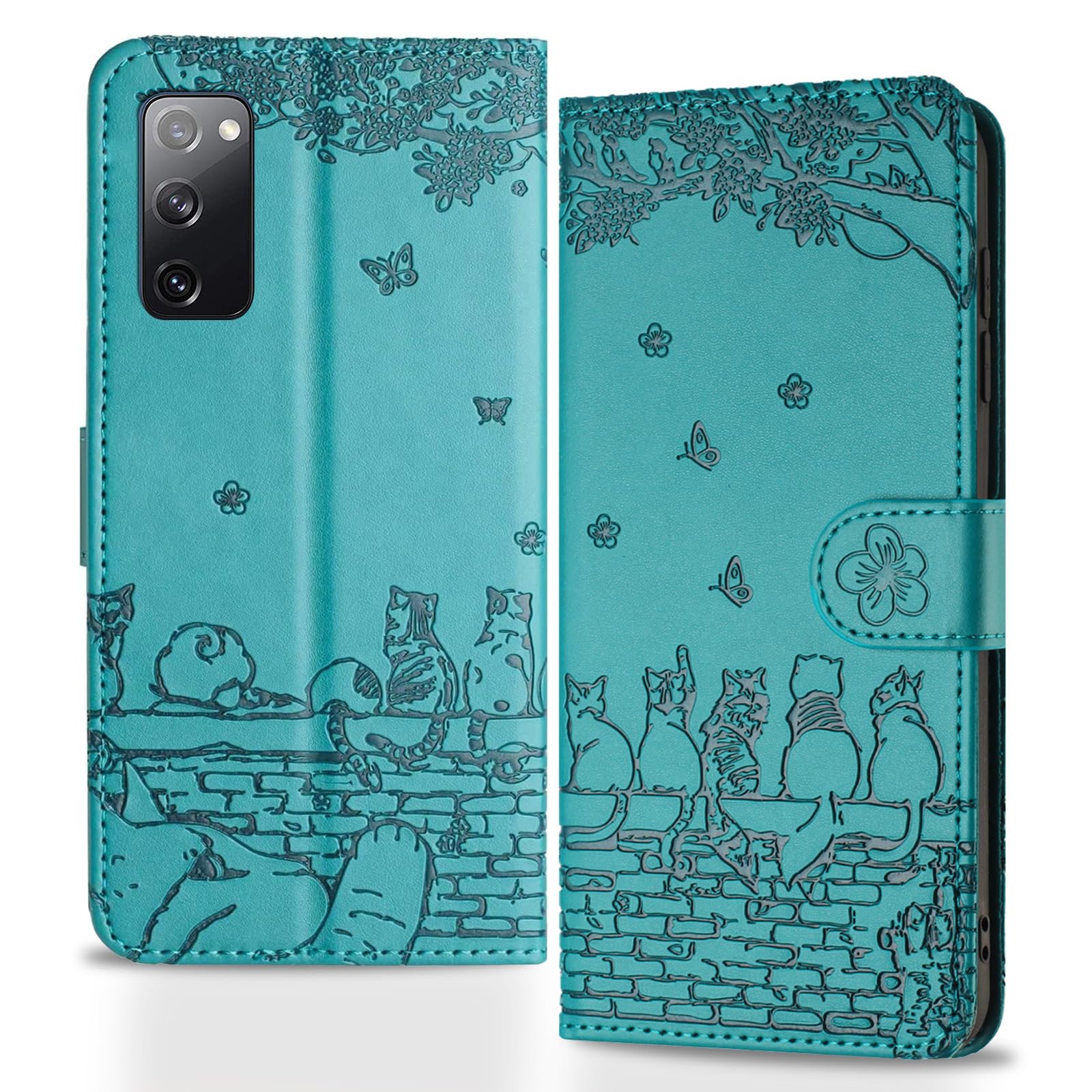 Butnyeoe Handyhülle für Samsung Galaxy S20 FE 5G,Zaunkatzen Klappbar Hülle,Geprägtes PU Leder Wallet Schutzhülle Tasche Flip Case,Magnetische Klapphülle mit Kartenfach Standfunktion,Blau Grün