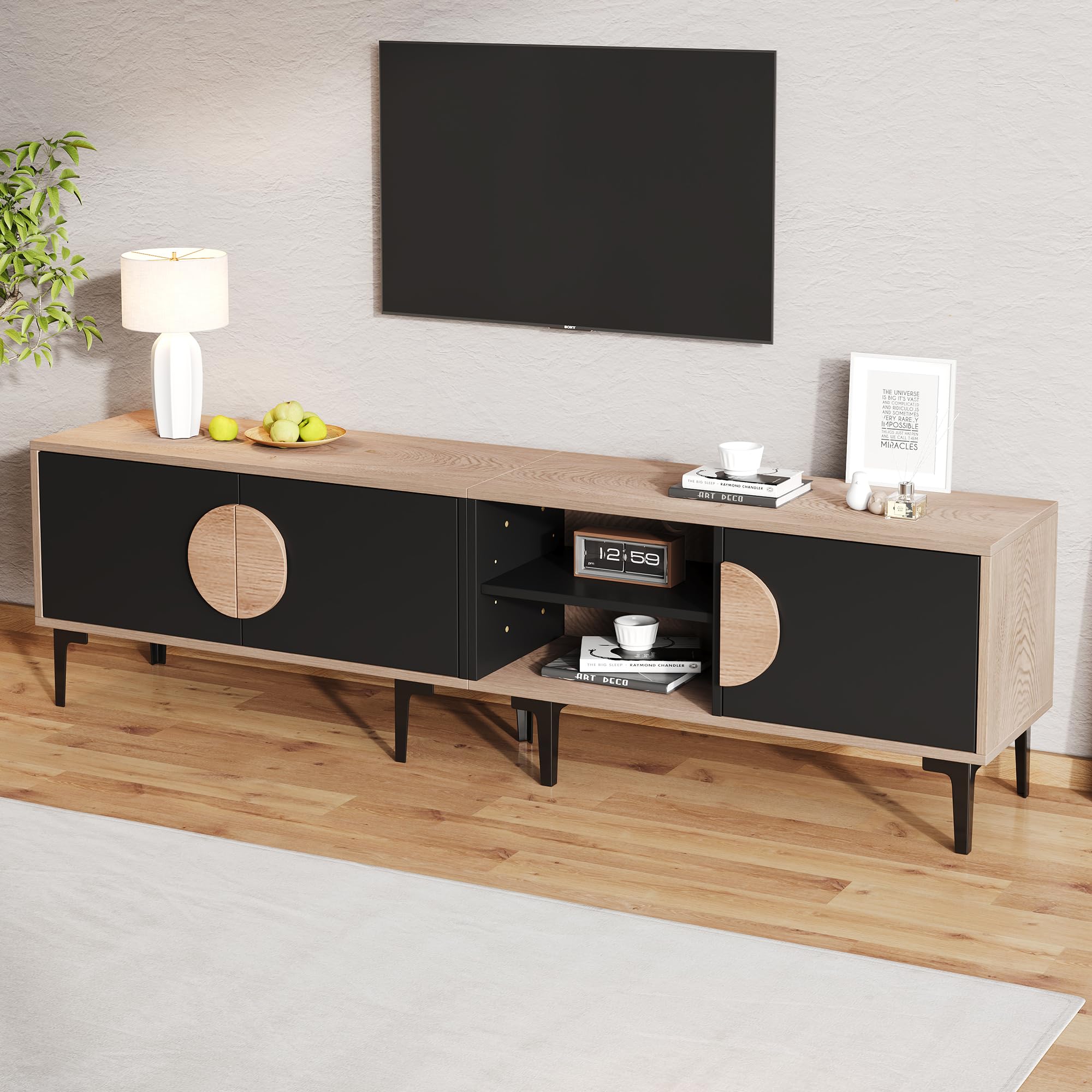 Mueble bajo para TV con 3 puertas y 7 patas, 180 cm, madera negra
