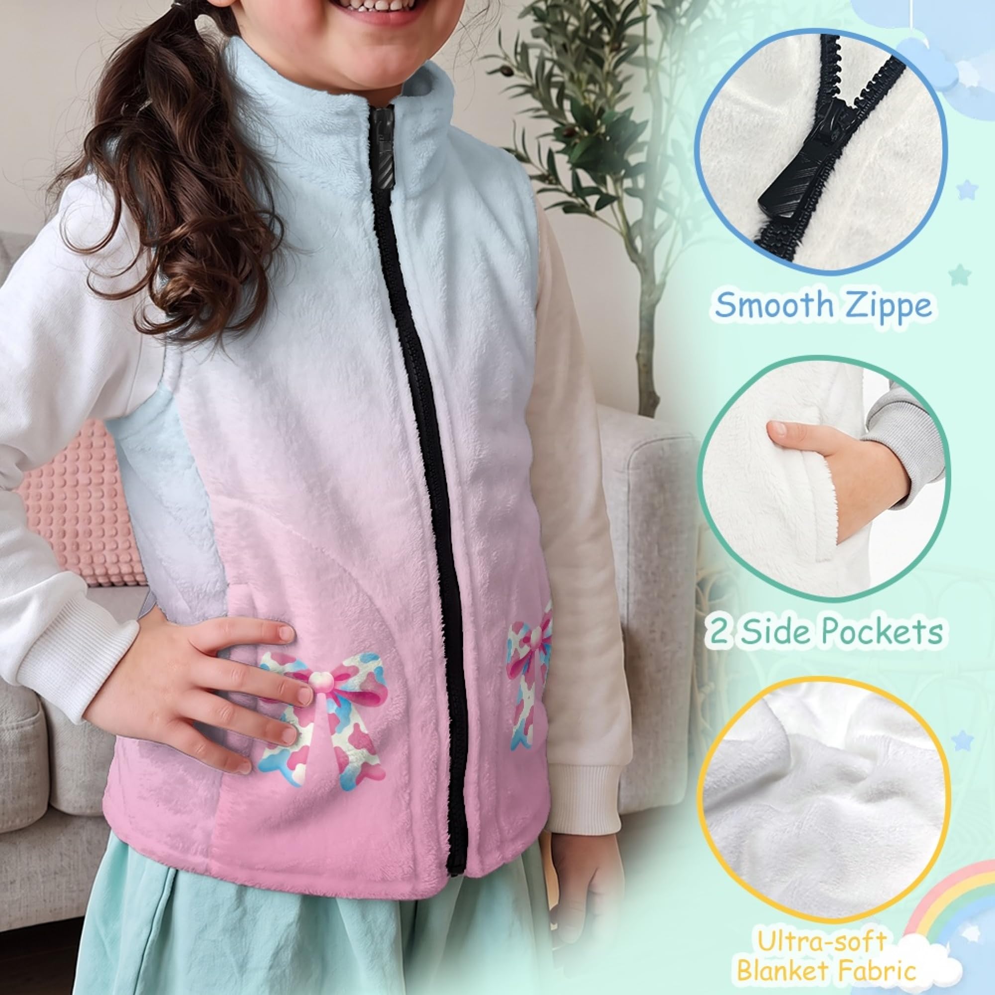 Amzbeauty Chaleco de forro polar para niños, sin mangas, estampado de lazo
