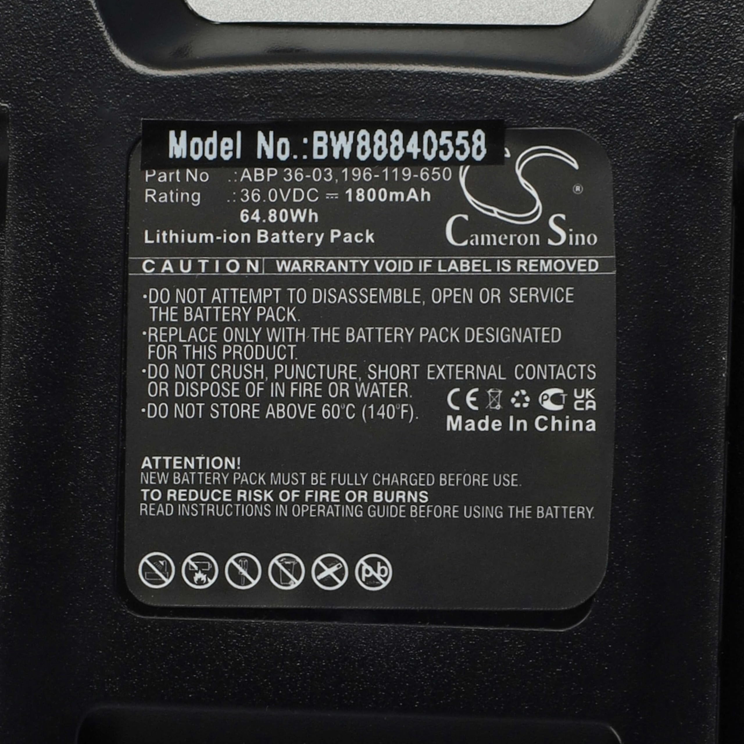 vhbw Akumulator zamienny do Wolf Garten 196-119-650, ABP 36-03 do narzędzi, akumulatorowe urządzenie ogrodowe (1800 mAh, litowo-jonowy, 36 V)