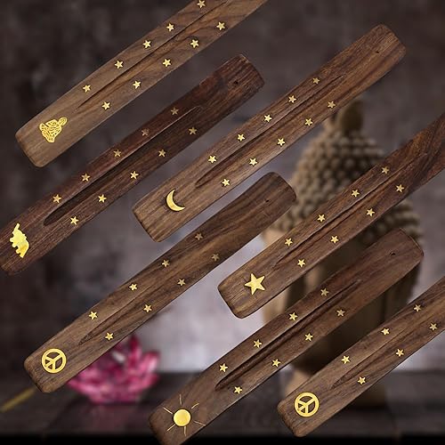 Miniatura 4 de Vrinda Soporte de incienso de madera hecho a mano con diseño de incrustaciones surtidas, quemador de incienso, ideal para aromaterapia, meditación,