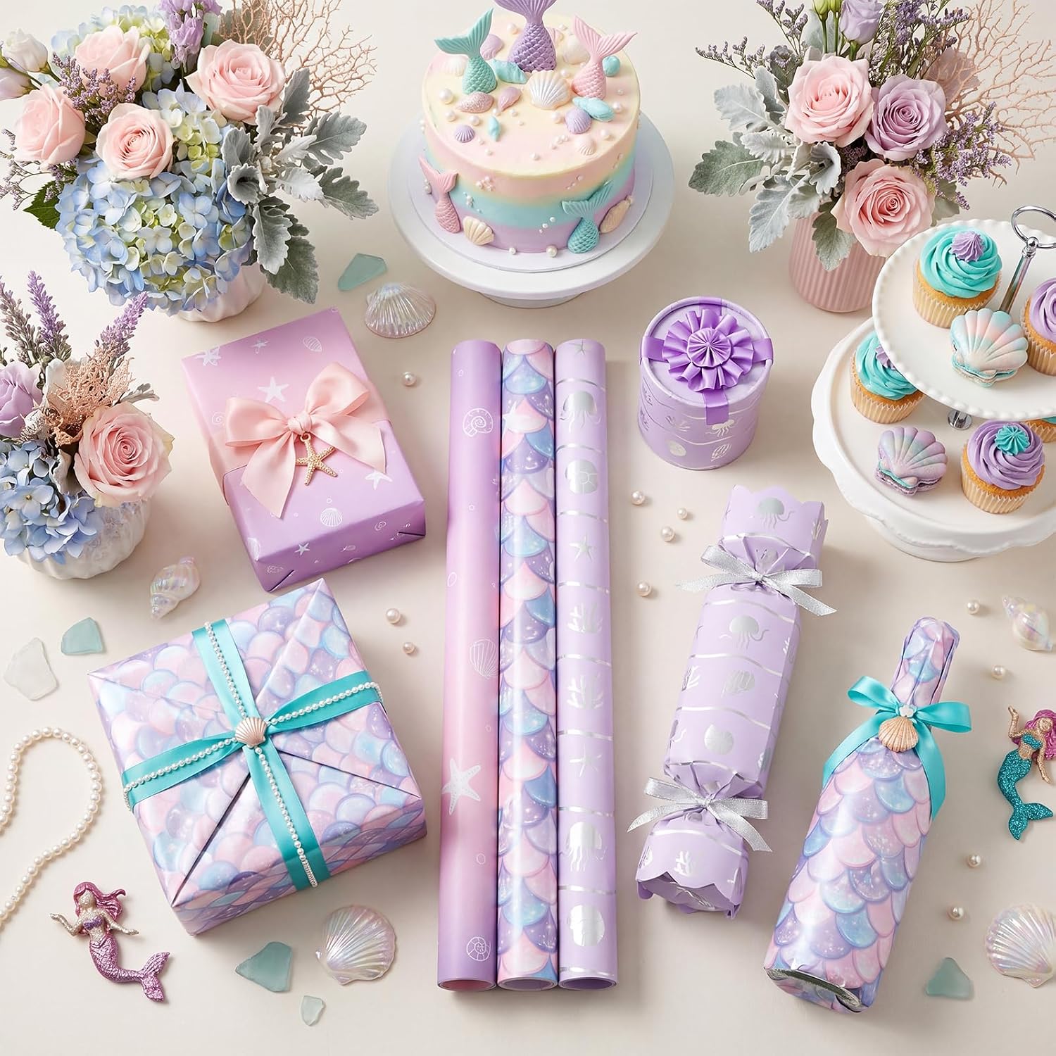 woric Mermaid Wrapping Paper- Mini Roll - Birthday Wrapping Paper Girls | Purple Scale Wrap Paper with Silver Foil for Girls Kids Birthday Ocean Theme Party Baby Shower Decor- 17 In x 120 In Per Roll