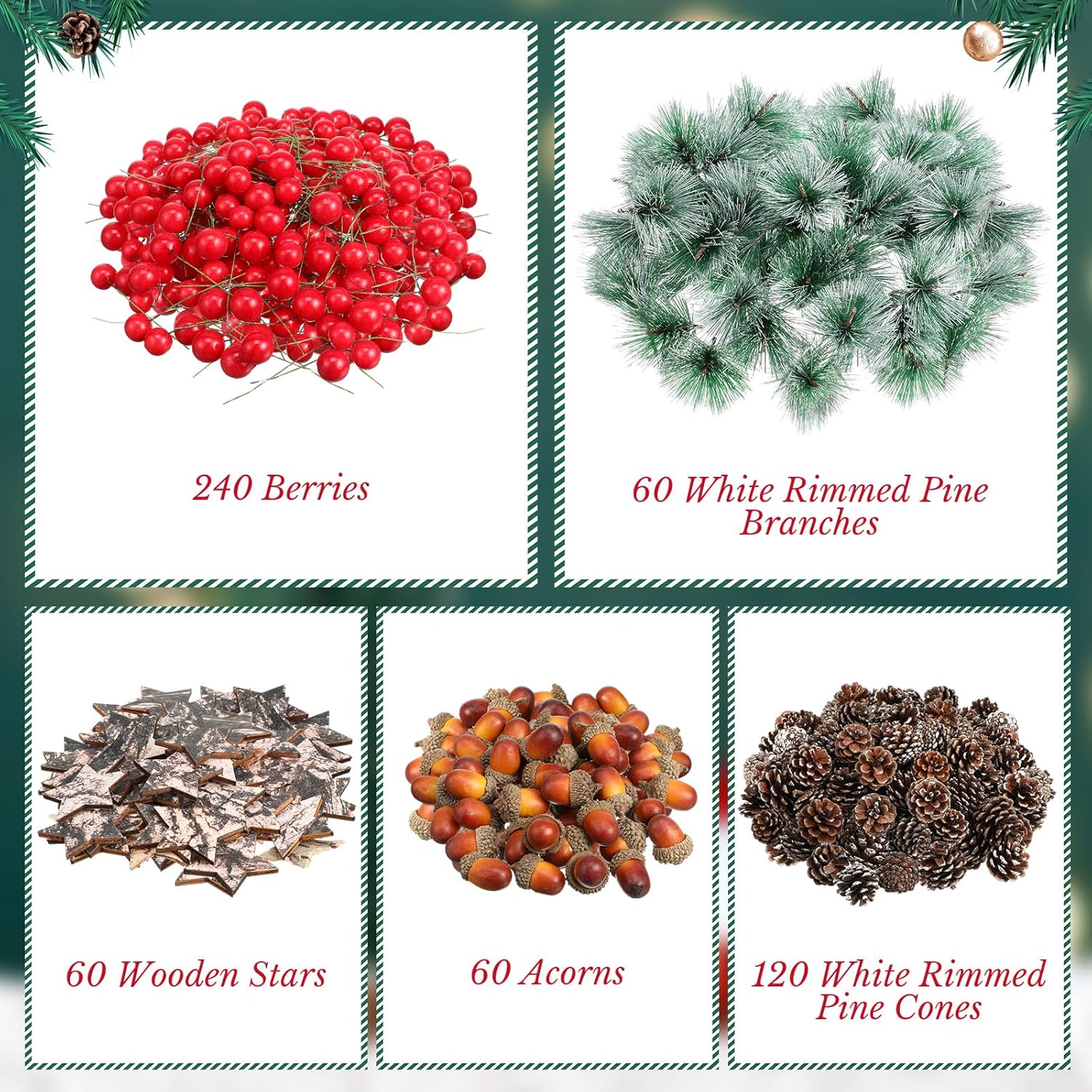 Riceshoot 540 Pcs Christmas Picks and Sprays Pine Cone Red Berries Set Christmas Wreath Making Decoration Artificial Pine Branches Acorns Wooden Stars for Xmas Supplies Party DIY Crafts