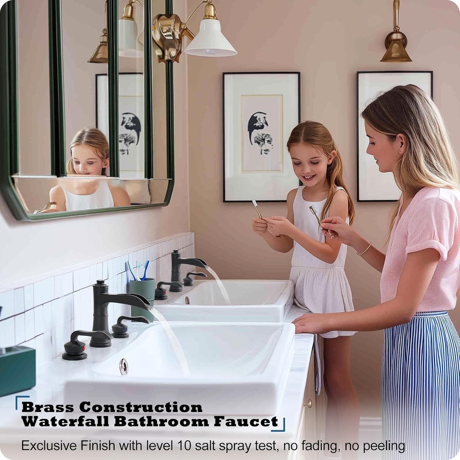 Brass Waterfall Bathroom Faucet Black, Single Handle Bathroom Sink Faucet 1 Hole, 2 Handles Bathroom Faucets Vanity Faucet with Pop Up Drain, Supply Hose