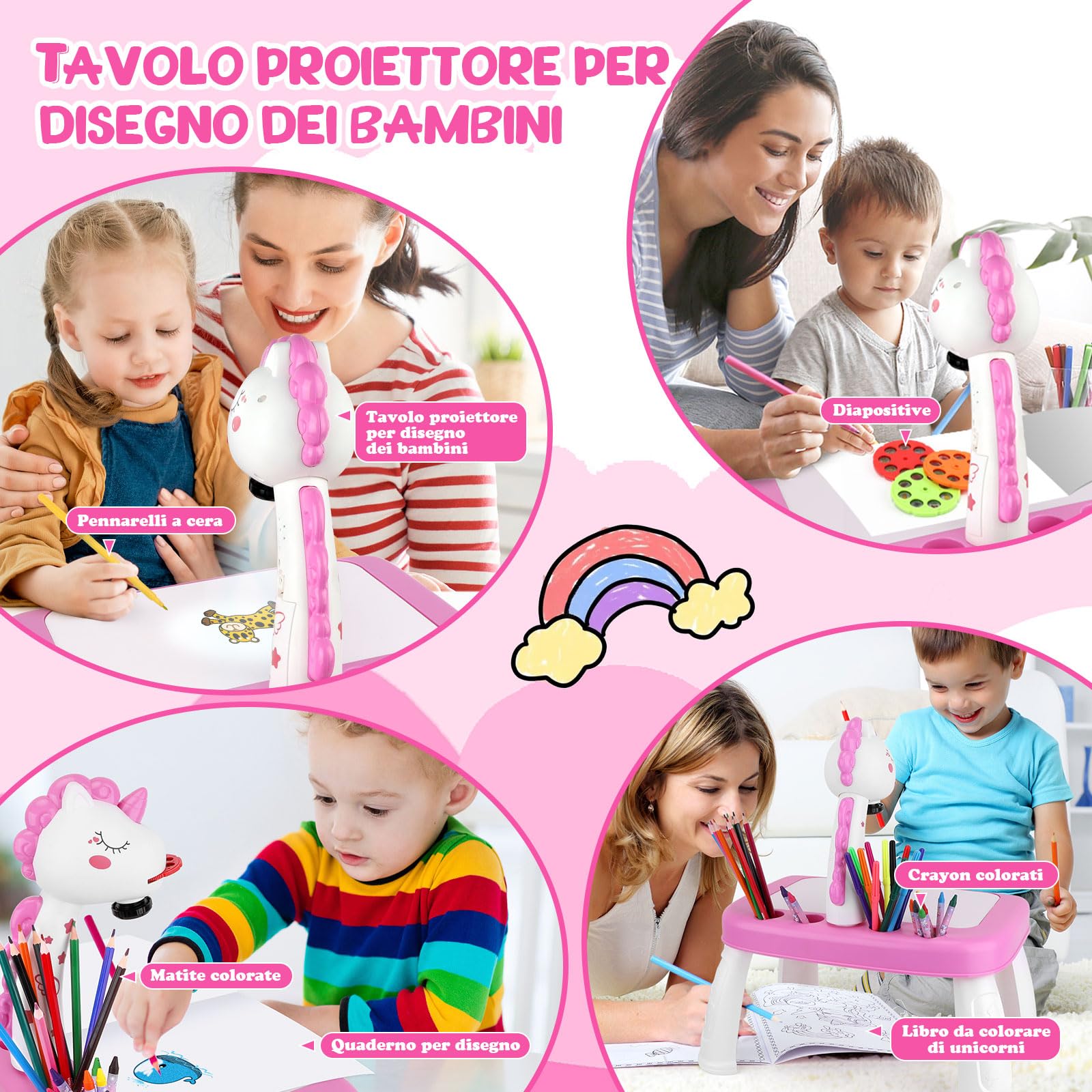 Unicorno Bambina Regalo Proiettore Disegno Bambini con 72 Motivi Giocattoli Giochi Regalo Bambina 3 4 5 6 7 Anni con Matite, Pastelli, Album per Ritagli, Album di Adesivi, Adesivi, Francobolli