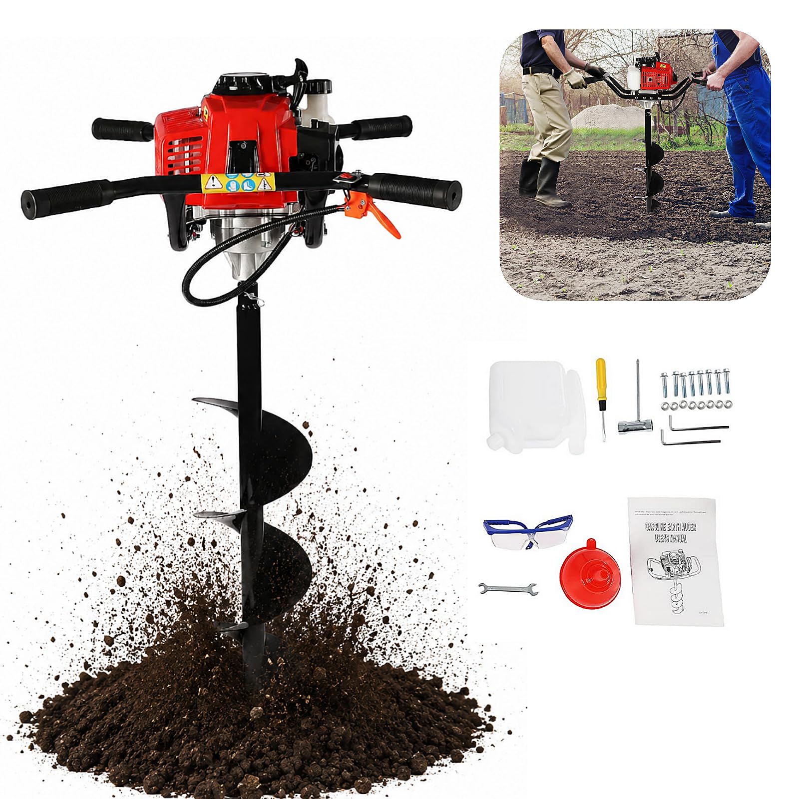 Trivella per Terreno 63CC 3CV Trivella A Scoppio con 200mm Punta Motore A 2 Tempi Professionale Mototrivella A Scoppio con Occhiali Protettivi Aggiornamento Trivellas A Mano per Prato