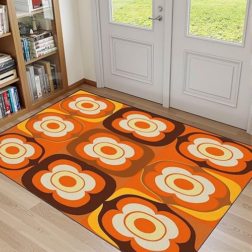 32"x 48" Boho Area Rugs 70s Retro Seamless Pattern Orange Brown Yellow Beige 60s 70s Retro Washable Low Pile Carpet Non Slip Floor Mat Soft for