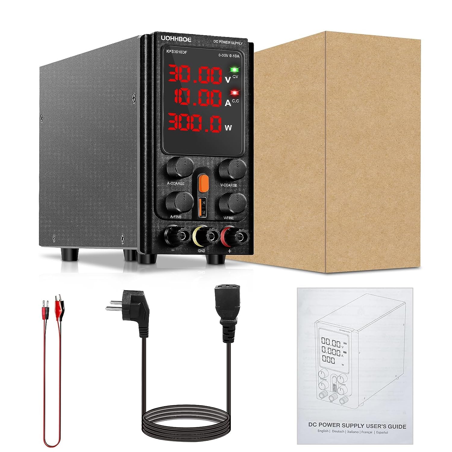 UOHHBOE Alimentatore da Labotorio Alimentatore Stabilizzato Banco 30V 10A Alimentatore DC Regolabile con 4 Cifre Display LED, Regolazioni Grossolane e Fini, Ricarica 5V/2A USB Linea di Prova
