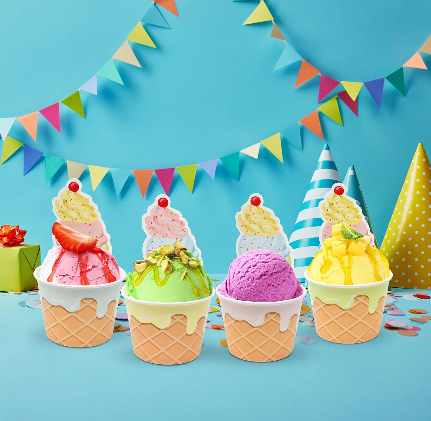 Gift Boutique 60 Ice Cream Treat Cups 10oz Colorful Disposable Dessert Bowls for Sundaes Snacks Party Supplies Pink Blue Green Yellow