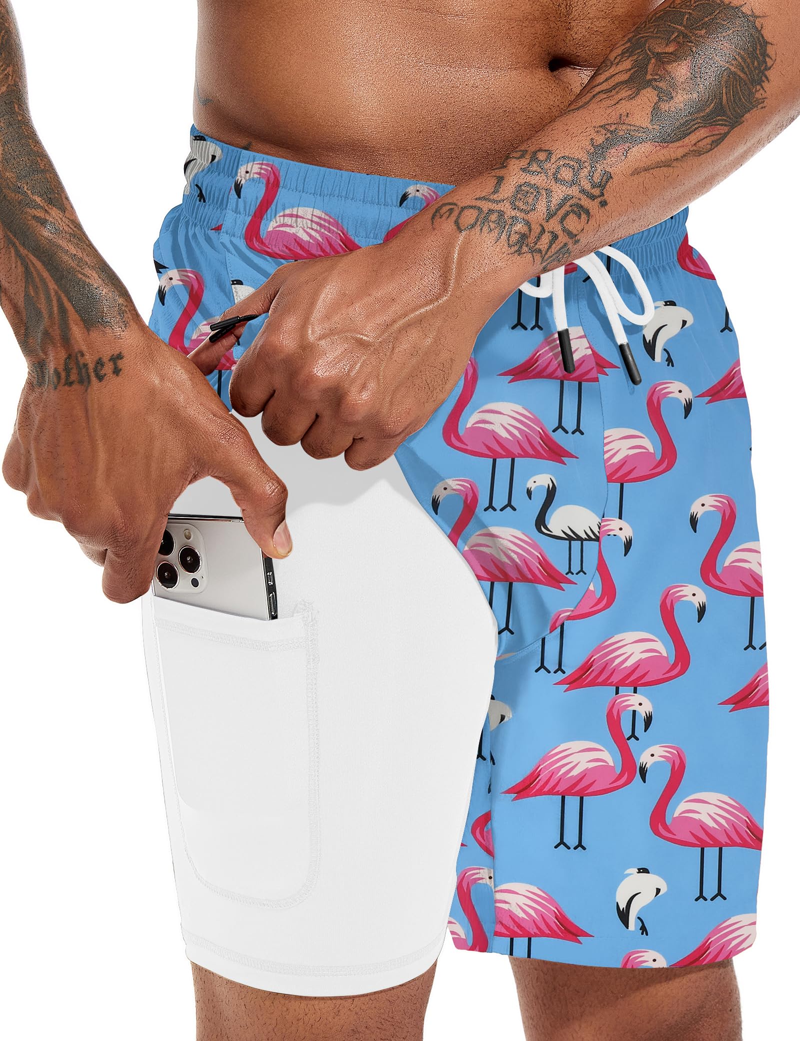 Atforna Bañador largo 2 en 1 para hombre, con compresión, de secado rápido, transpirable, con cremallera, ajustable, cordón
