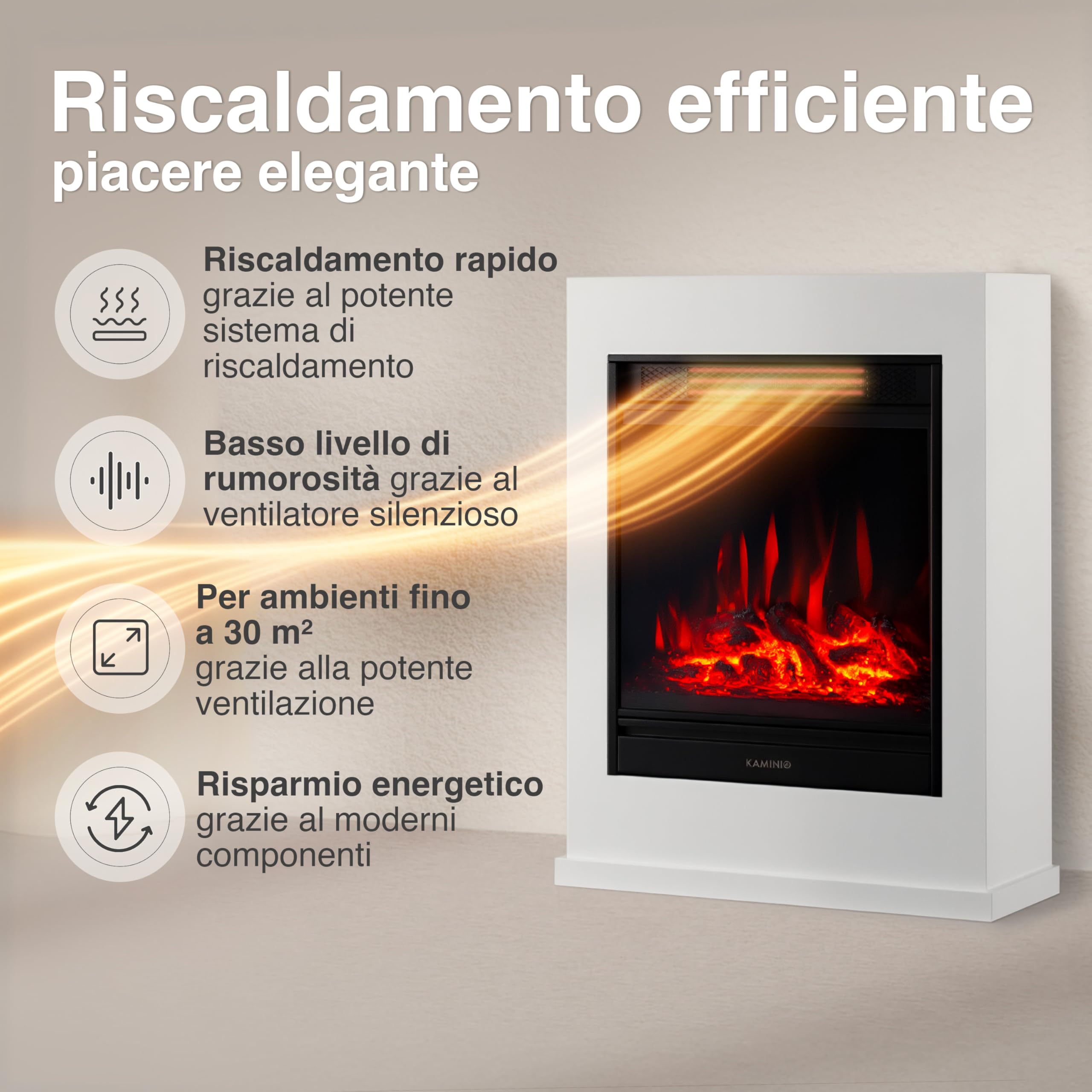 KAMINIO Camino elettrico Kalle - Caminetto elettrico a pavimento con riscaldamento, effetto fiamma 3D, telecomando (Bianco)