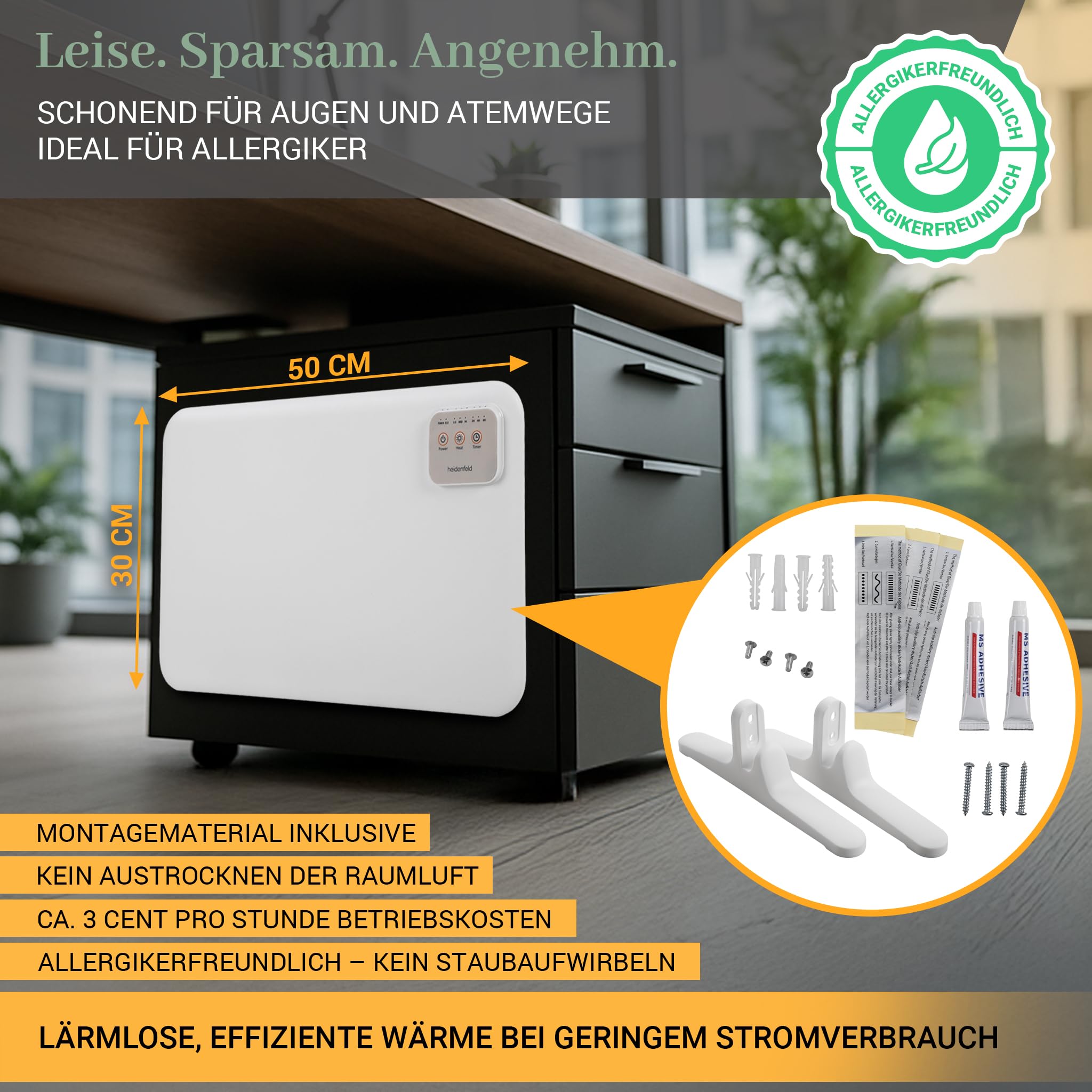 Heidenfeld Infrarotheizung HF-TH120 | 120 Watt Tischheizung | Heizkörper - Infrarot Heizstrahler - Elektroheizung - Heizung elektrisch - Heizplatte - Infrarotstrahler - Wärmeplatte - 3in1 Montage