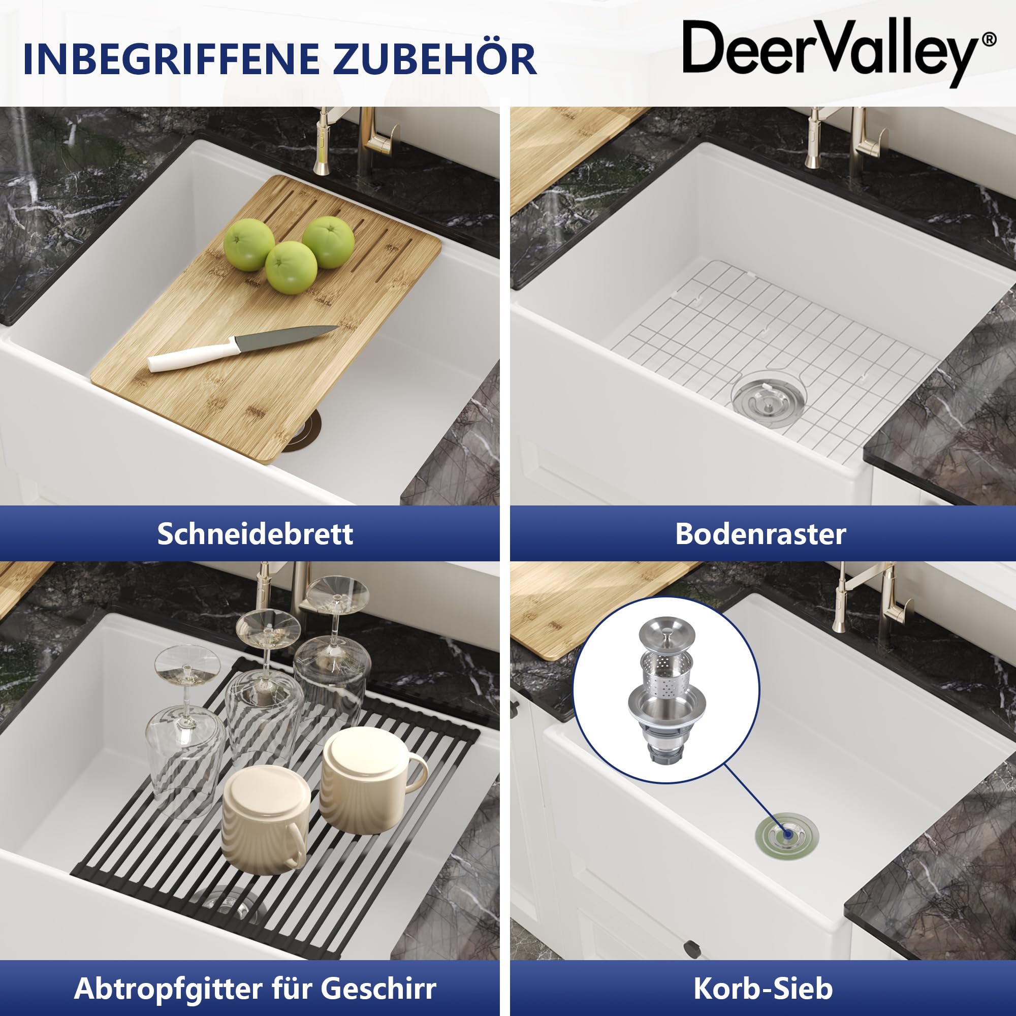 DeerValley Spülbecken 61 cm – Umkehrbares Apron-Front Küchenspüle Einbauspüle, Einzelschale, Solides Feuerfestton, Glänzend Weiß, Für Küche (61x50,8x25,4 cm)