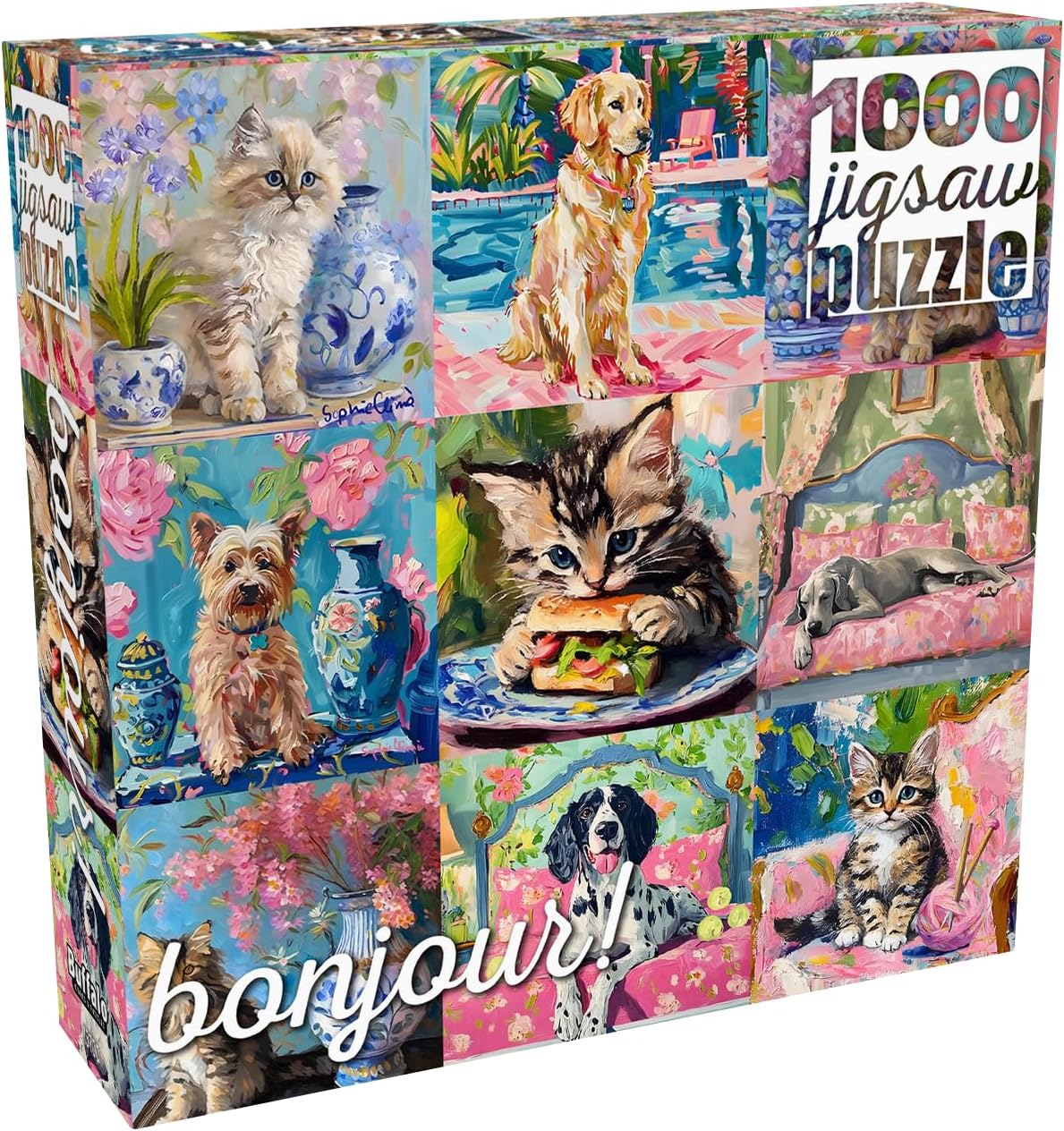 Buffalo Games - Bonjour - Sophie Clima - Cats and Dogs Collage- 1000 Piece Jigsaw Puzzle for Adults – Precision-Cut Pieces, Beautiful Artwork, and Hours of Relaxing Fun