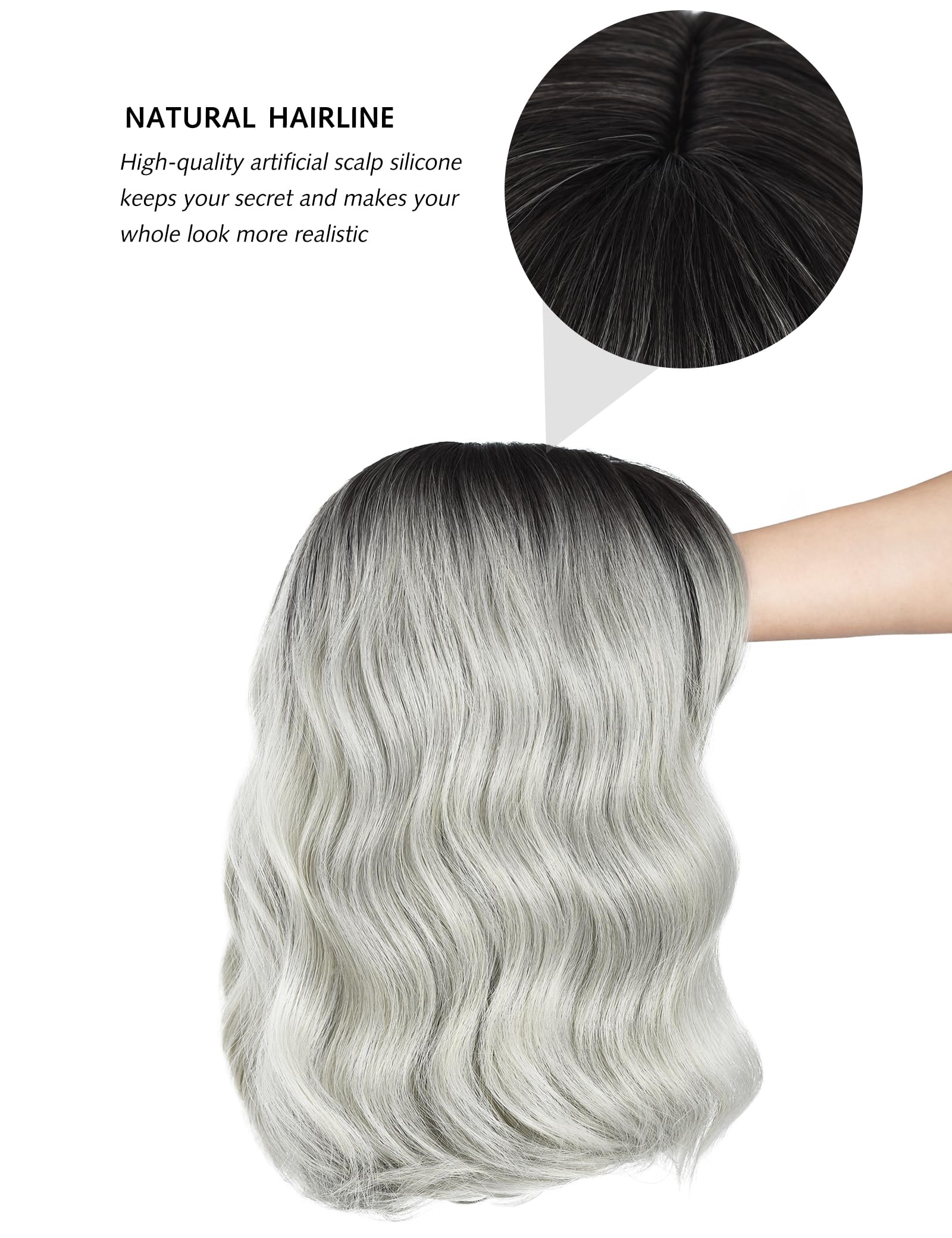 BUYOGET Wavy Bob Wig with Bangs Synthetic Hair Shoulder Length 12 Inch Short Curly Wigs for Women Silver Gray - Image 4