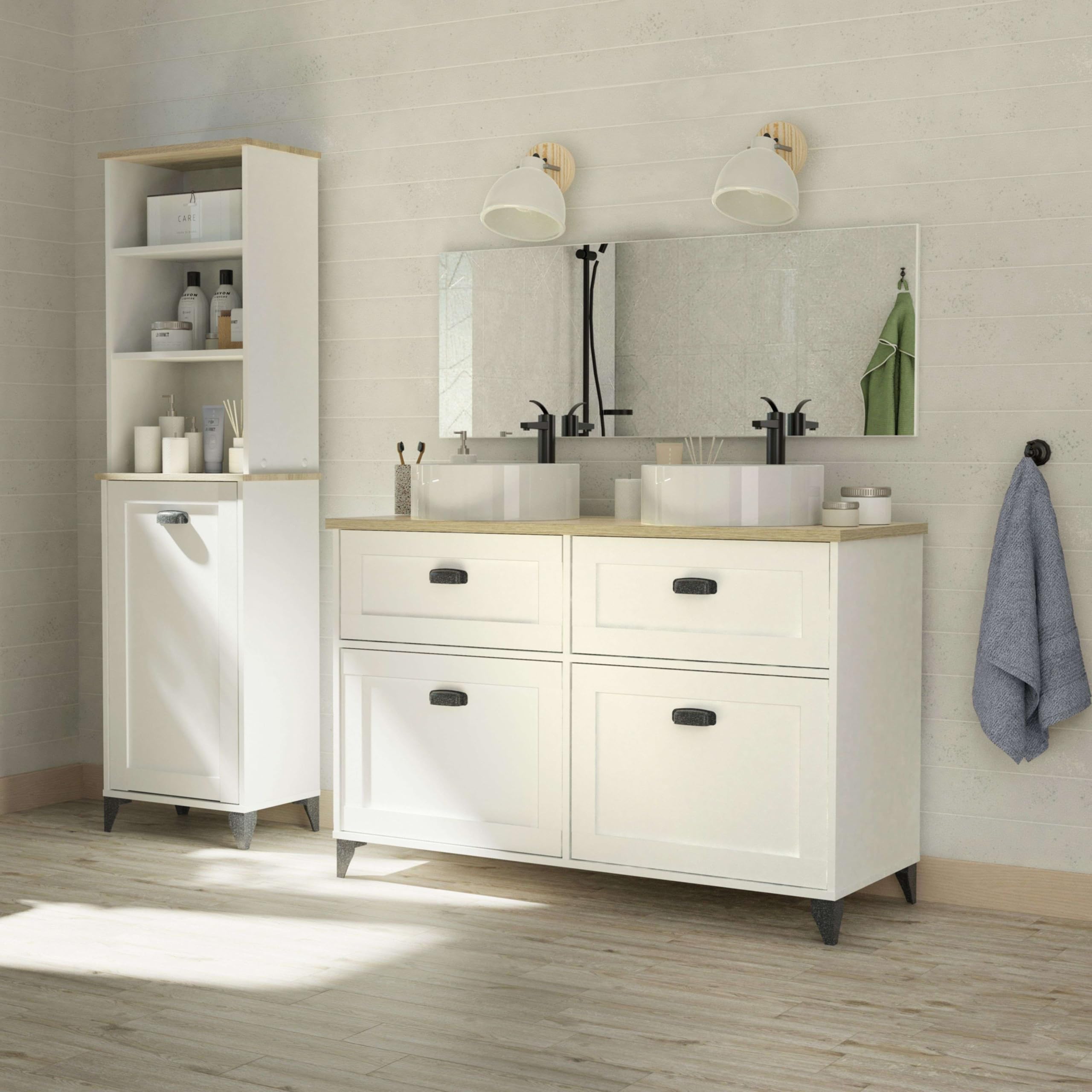 Muebles Pitarch | Mobile da bagno doppio, larghezza 120cm, con piedi, 2 cassetti a chiusura lenta, 2 porte, per lavabi da appoggio, Bianco e Rovere Cambrian, stile Vintage, modello Toscana