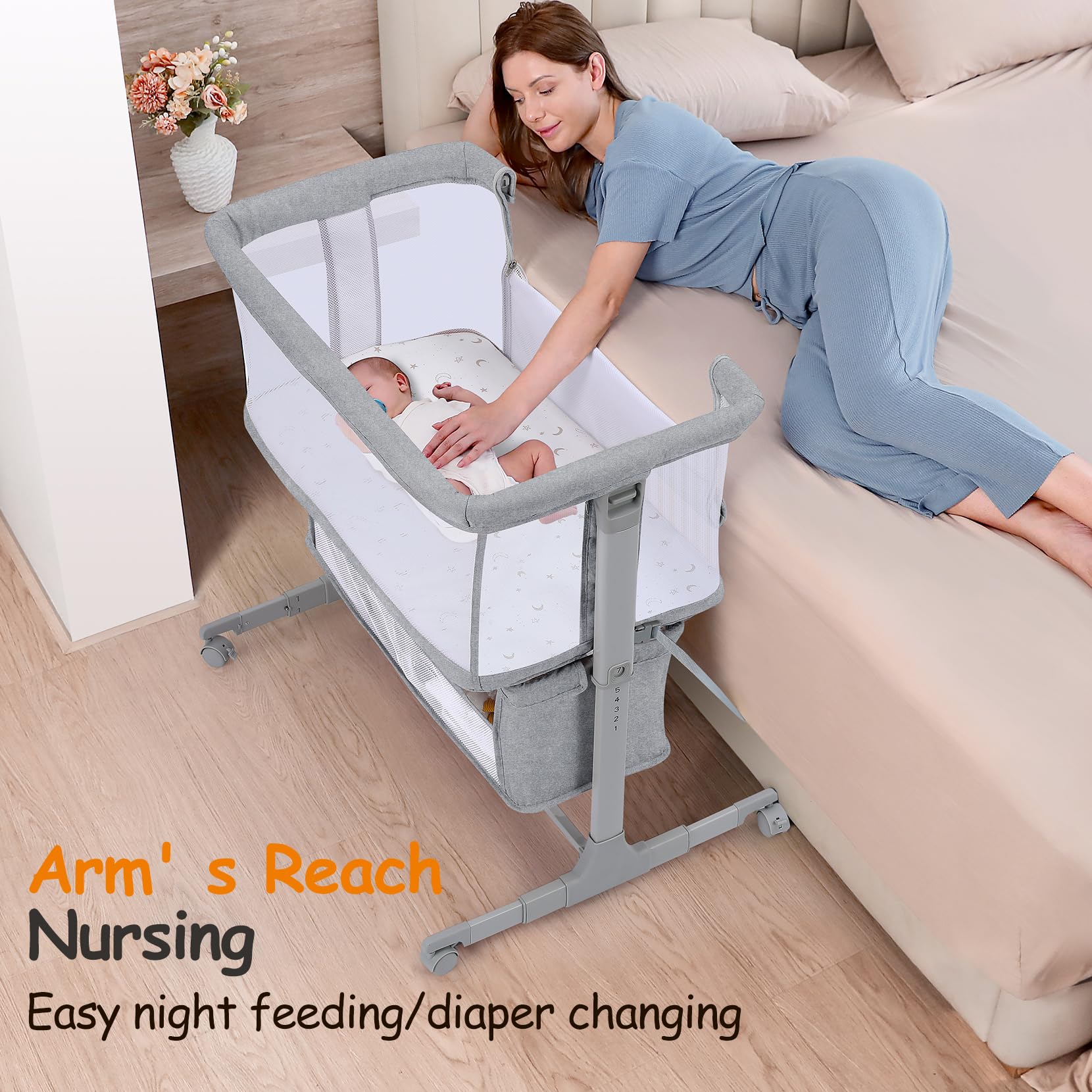 Beistellbett Baby Bettseitiger Bassinet für Neugeborene Tragbar mit Rädern Höhenverstellbar Hellgrau