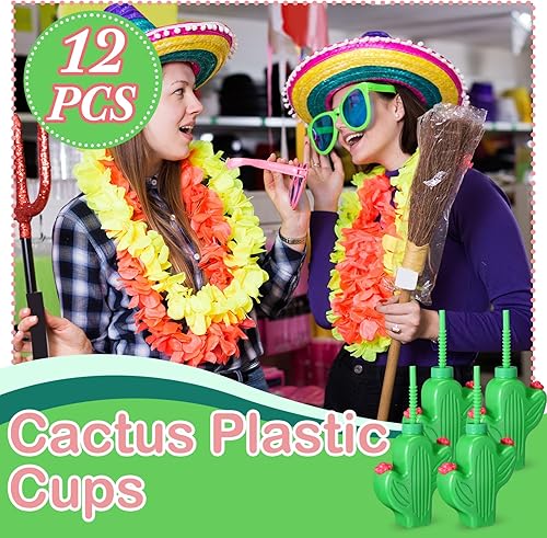 Miniatura 5 de Domensi Vasos de regalo para fiesta del Cinco de Mayo mexicano de 10 onzas con tapas y pajitas, tazas reutilizables de plástico de cactus a granel