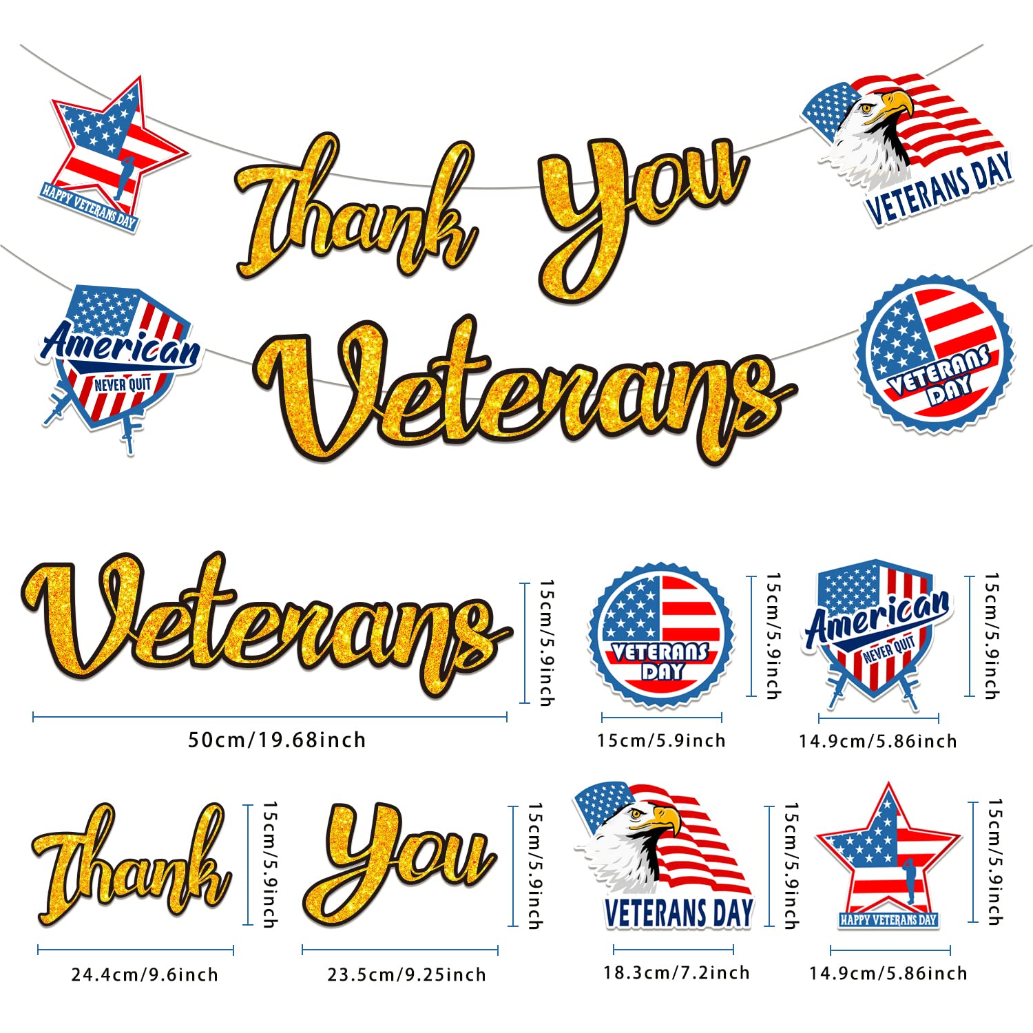 Veterans Day Banner Glitterato | Striscione Thank You Veterans | Decorazioni Patriottiche 2.9m Per Festa