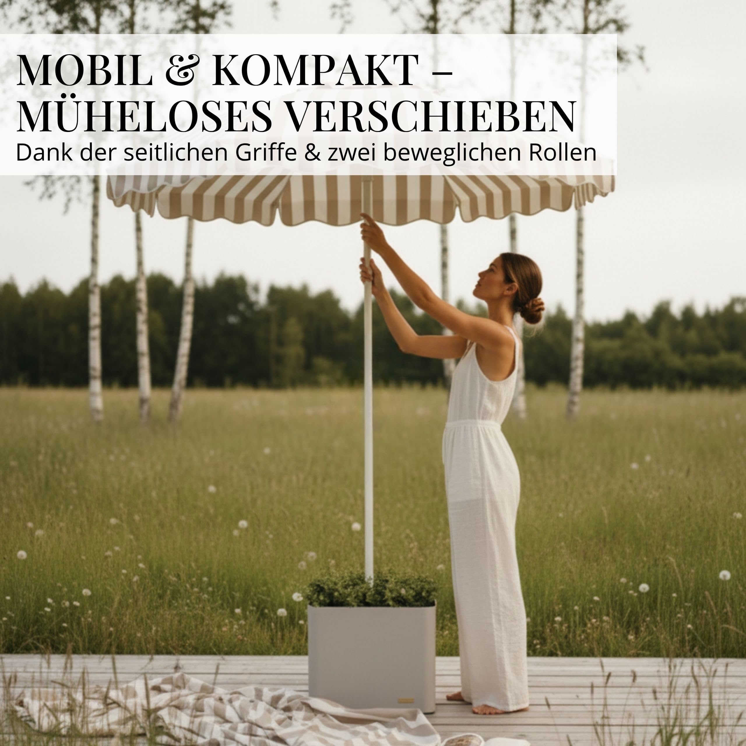Livlig53 LIVLIG Sonnenschirmständer mit Rollen – 2in1 Schirmständer fahrbar, Pflanzgefäß & Sonnenschutz, 100% Edelstahl, befüllbar bis 39L, für Sonnenschirme bis Ø 250 cm, Greige
