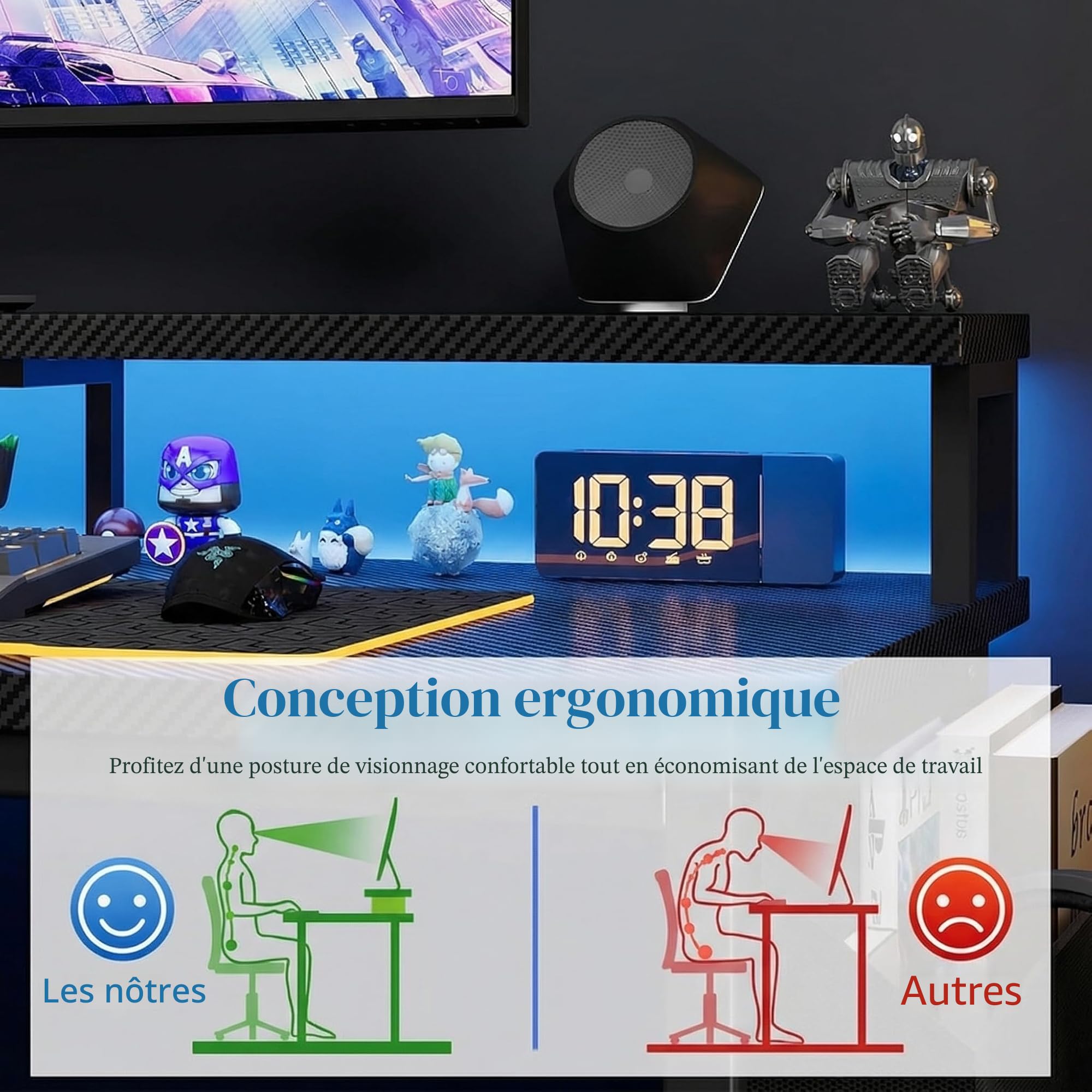 Grandder Bureau Gaming Réversible, 100x70cm Bureau d'angle en L avec Port de Charge USB et Prise de Courant, Table Ordinateur avec Support d'écran pour Chambre Domicile Maison Noir