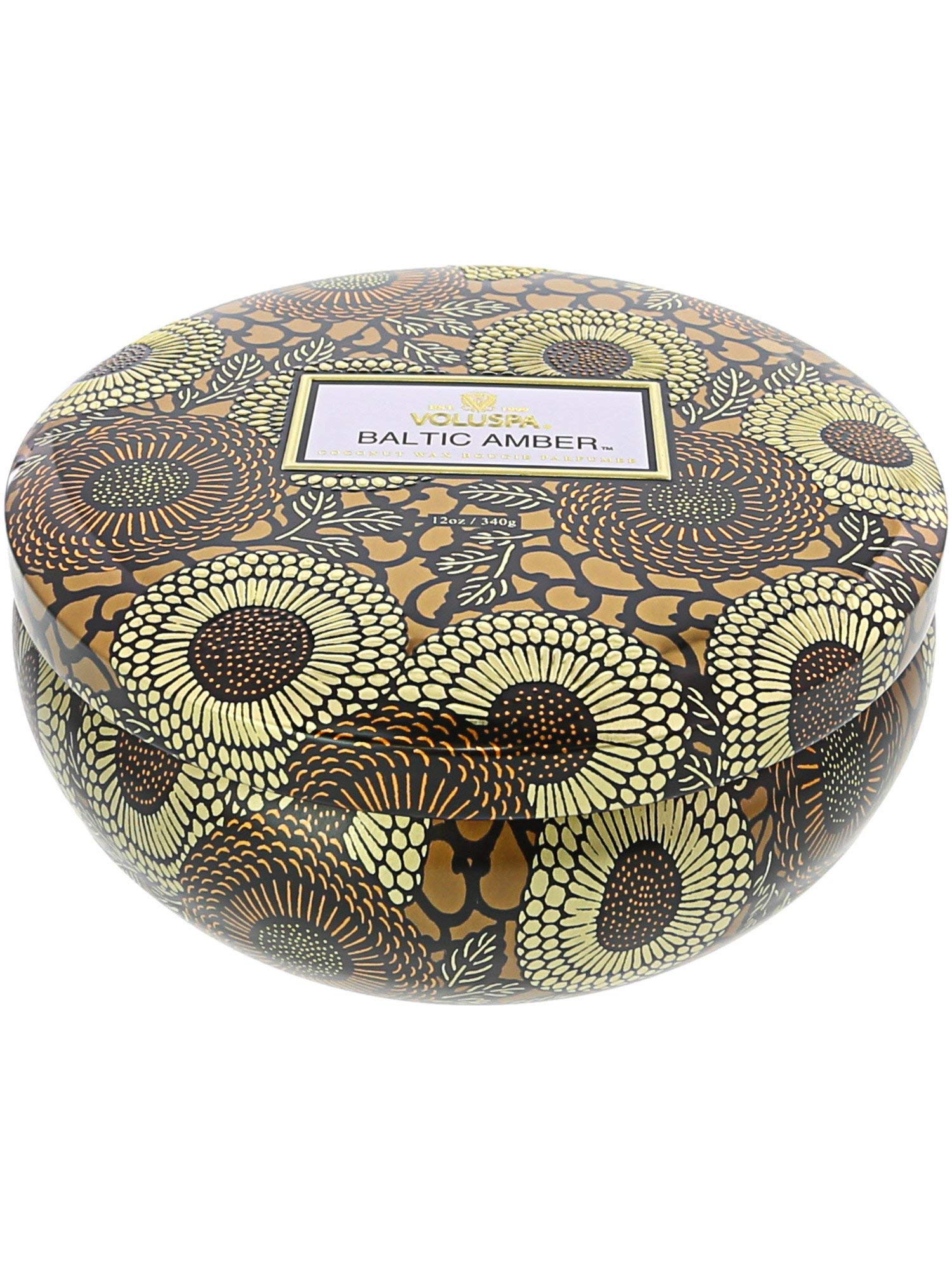 VoluspaBaltic Amber, Tin Candle 3 Wick Tin Candle, 12 oz, 40 Hours Burn Time, Coconut Wax for Clean Burning, Handcrafted in the USA