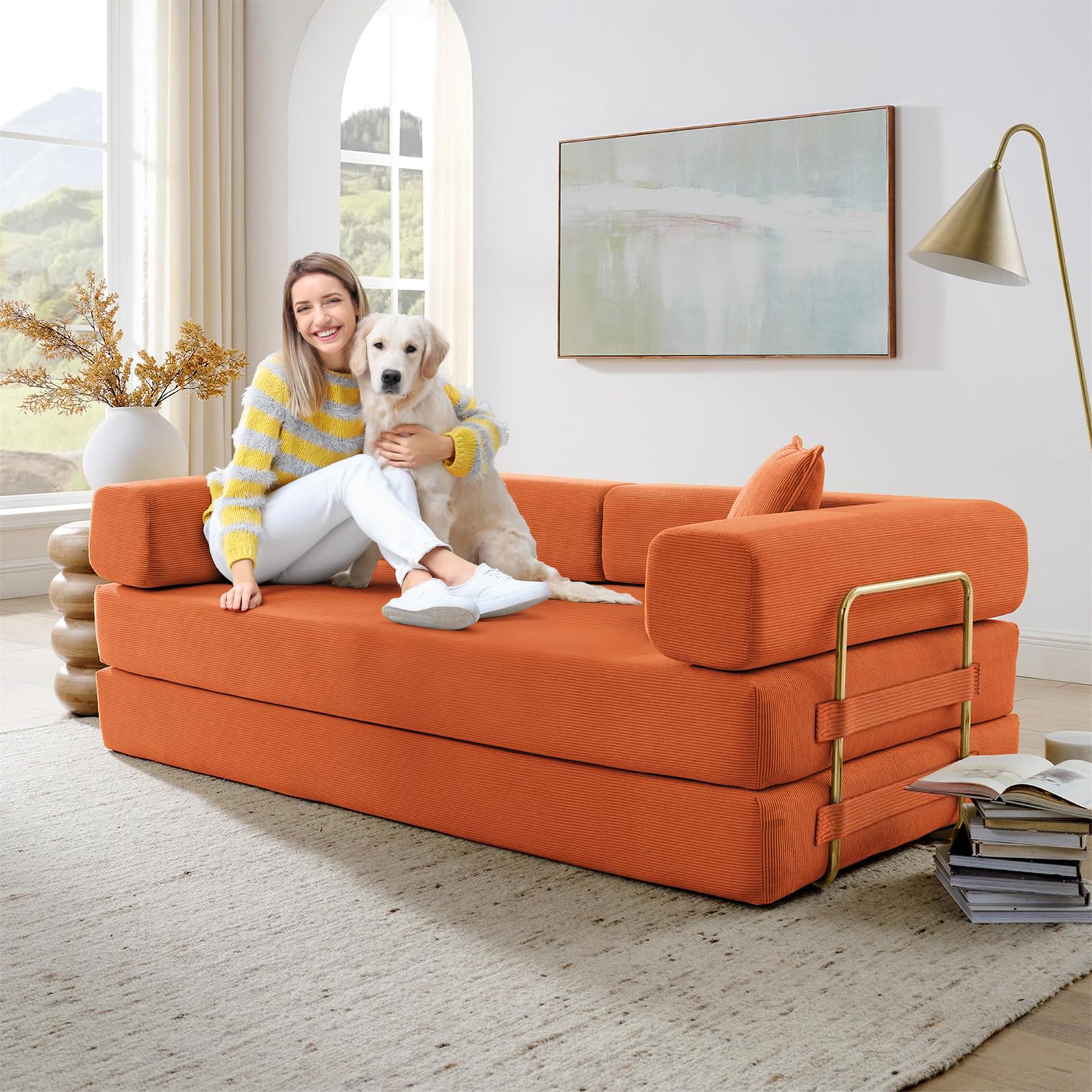 GEEVIVO Folding Sofa Bed, Convertible Corduroy Fabric Comfy Loveseat Sleeper Bed, Modular Foam Compression Sofa Couch, Floor Lazy Chaise Lounge for