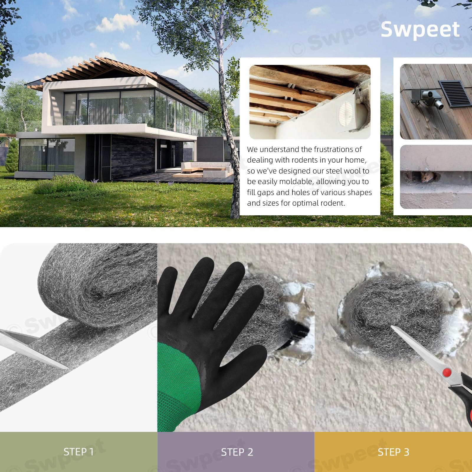 Swpeet Steel Wool Gap Filler per casa e garage, pacchetto fai da te