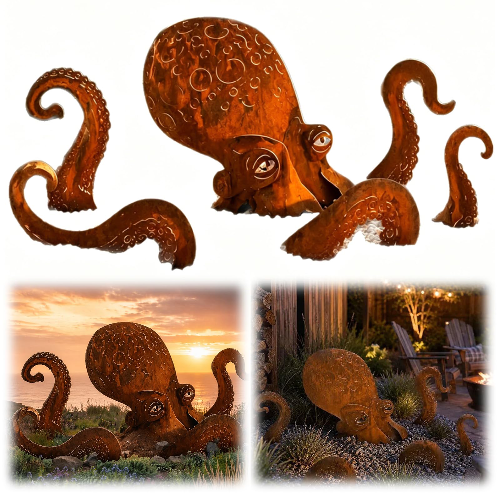 Rust Patina Giant Squid Garden Sculpture, Rustic Metal Octopus Garden Statue, Unique Coastal Yard Art Decor, Fun Outdoor Octopus Sculpture for Patio Lawn Backyard Beach