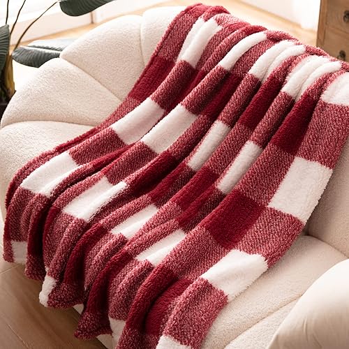 Bertte Fluffy Sherpa Throw Blanket Ultra Soft Warm Lightweight Plaid Shaggy Blanket for Couch Sofa Travel, Premium Reversible Decorative Faux Fur Blanket for All Seasons, 50"x 60", Checker Burgundy