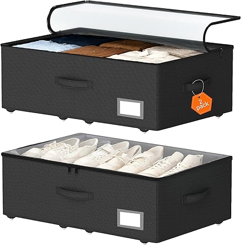 Almacenamiento debajo de la cama con ruedas, paquete de 2 contenedores de almacenamiento debajo de la cama con tapas transparentes, no requiere