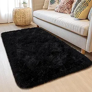 2x4ft Runner Rug - Non Slip Washable Hallway Fluffy Rug with Rubber Backing - Fluffy Rugs for Bedside Dorm - Black