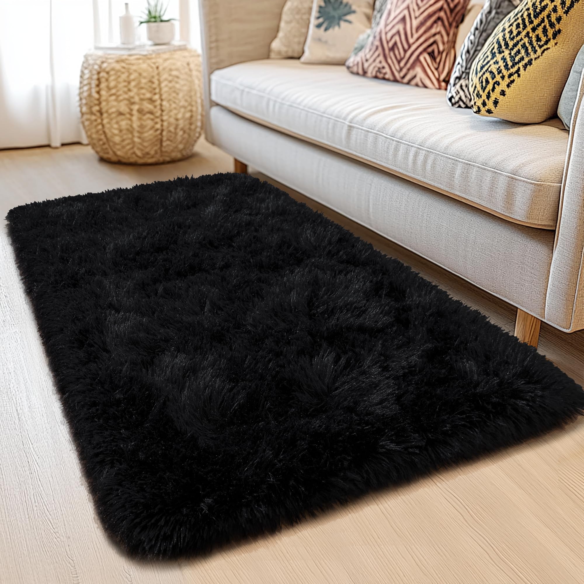 Awaytail 2x4ft Runner Rug - Non Slip Washable Hallway Fluffy Rug with Rubber Backing - Fluffy Rugs for Bedside Dorm - Black