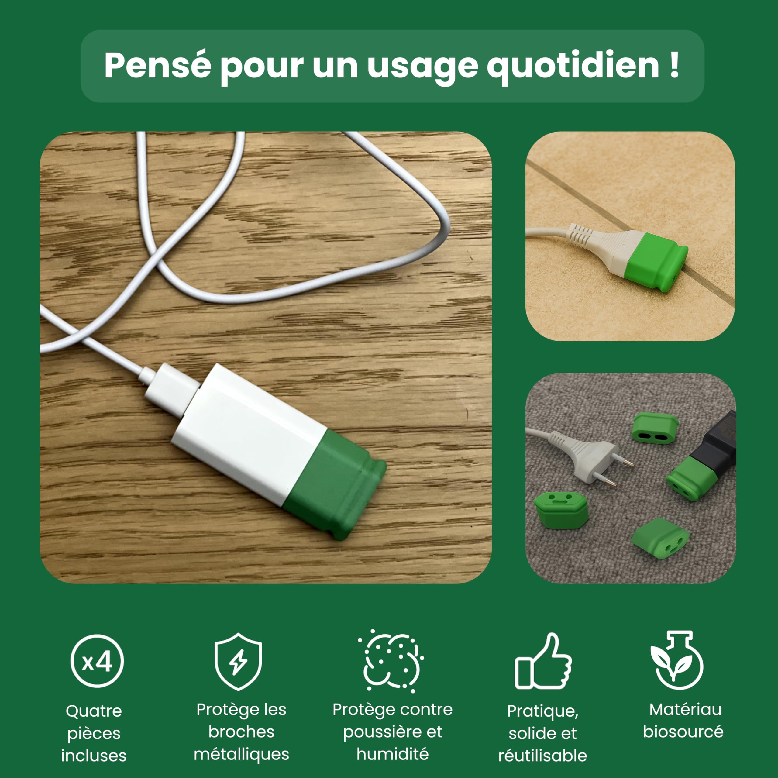 Lot de 4 Capuchons de Protection câble Électrique – Câble EU CEE 7/16 – Anti-Poussière, Anti-Corrosion – Pour Chargeur, Lampe, USB – Éco Responsable – Made in France – Protection bébé
