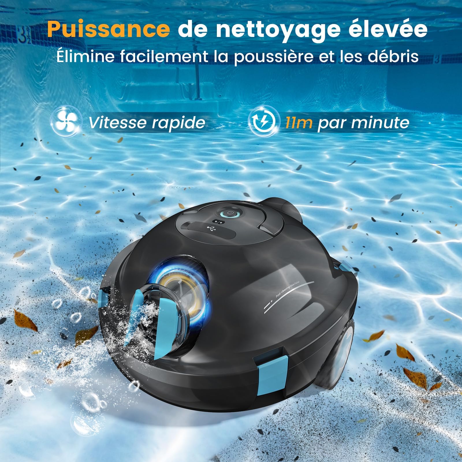 Robot Piscine, Robot Piscine sans Fil Y10 | Aspirateur Automatique et Puissant, 120 Minutes d'Autonomie & Auto-Stationnement, Conçu pour Bassins Enterrés et Piscines à Fond Plat jusqu'à 100 m²(Noir)
