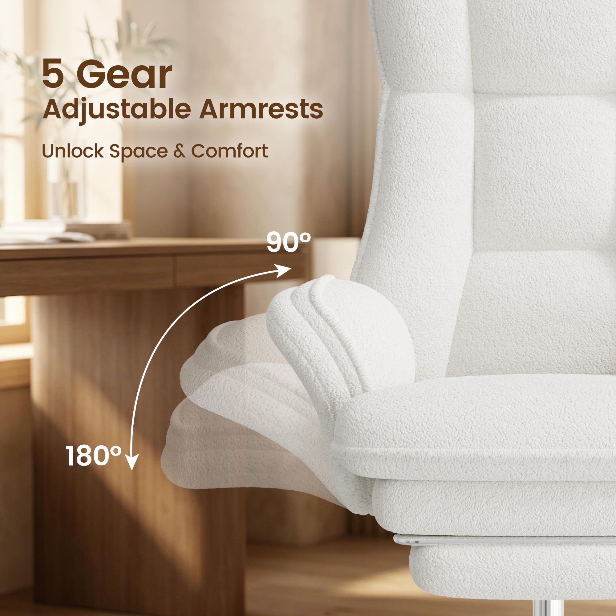 Hawthyhome Ergonomischer Bürostuhl 135° Teddy Drehstuhl mit Fußstütze,Weiß | bis 180kg, Fußstütze, klappbare Armlehnen, Teddy-Fleece, schreibtischstuhl für schneidersitz, Homeoffice