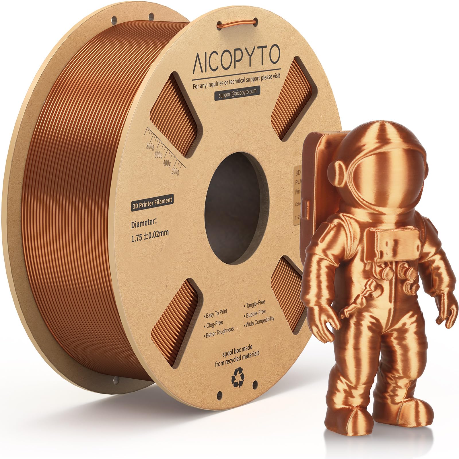 AICOPYTO Silk Copper PLA Filament 1.75mm, 3D Printer Filament Silk PLA Copper 1KG Spool (2.2lbs) Dimensional Accuracy Probability +/- 0.02mm Fits for