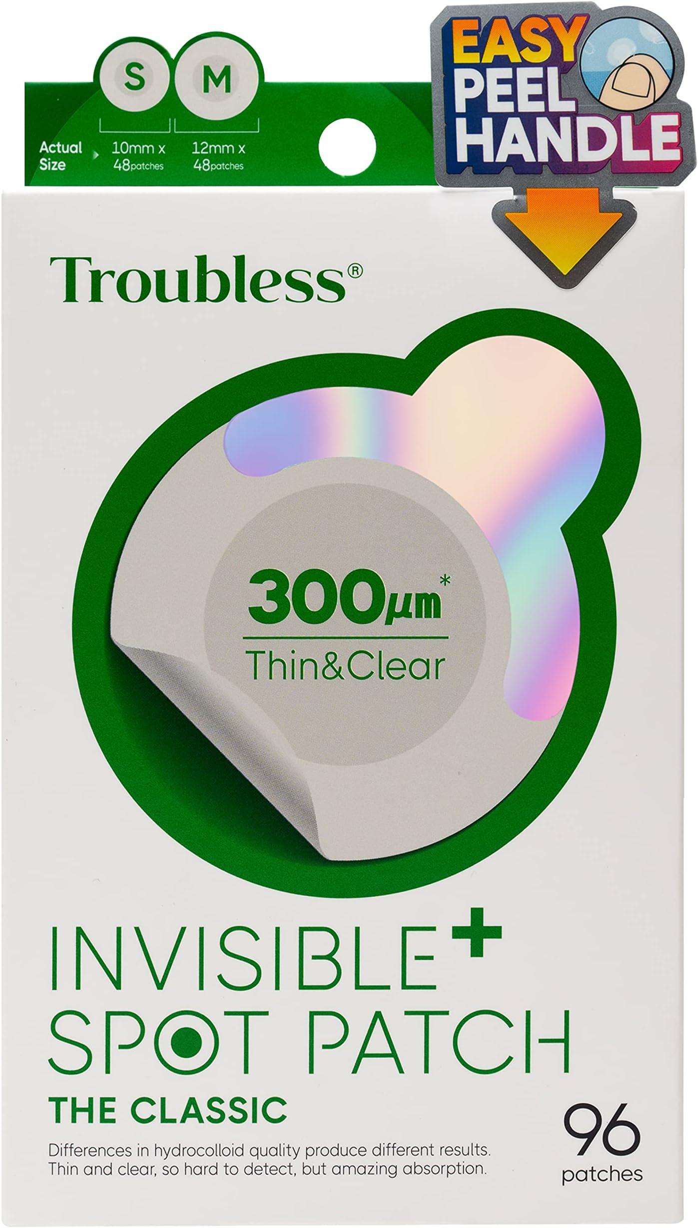 Troubless Invisible Pimple Patch Classic, 96 Patches (2 Sizes) – Ultra Thin Hydrocolloid Spot Treatment for Daytime Use, Easy Peel, Fast Healing, Absorbs Oil & Impurities, For Acne-Prone Skin