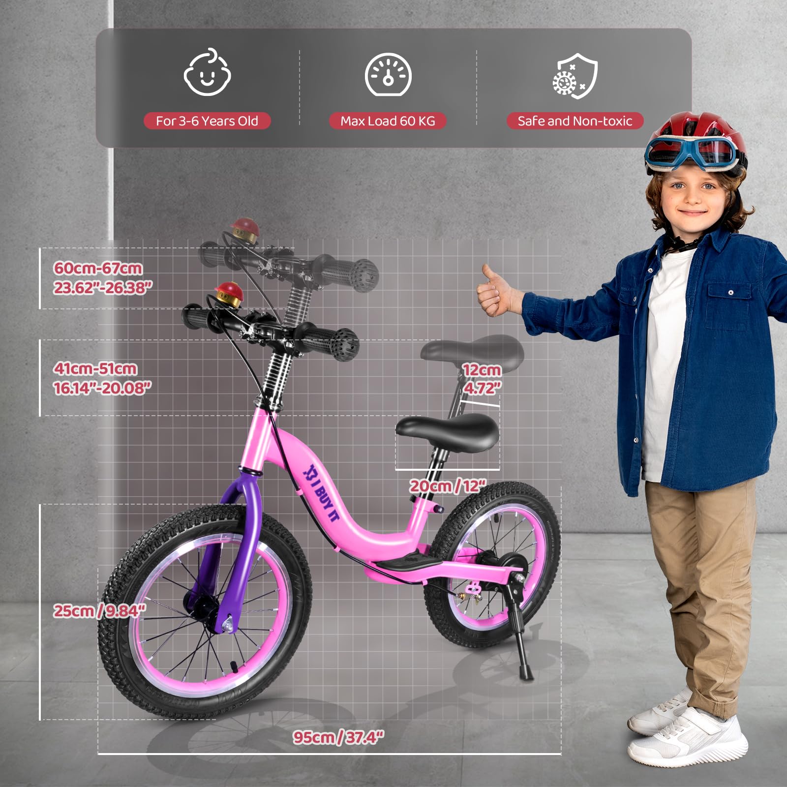 14/16 Zoll Laufrad ab 3 4 5 6 7 Jahre Jungen Mädchen, Verstellbares Kinder Laufräder mit Bremse & Ständer, Kinderlaufrad ohne Pedale mit Luftreifen & Fußstütze