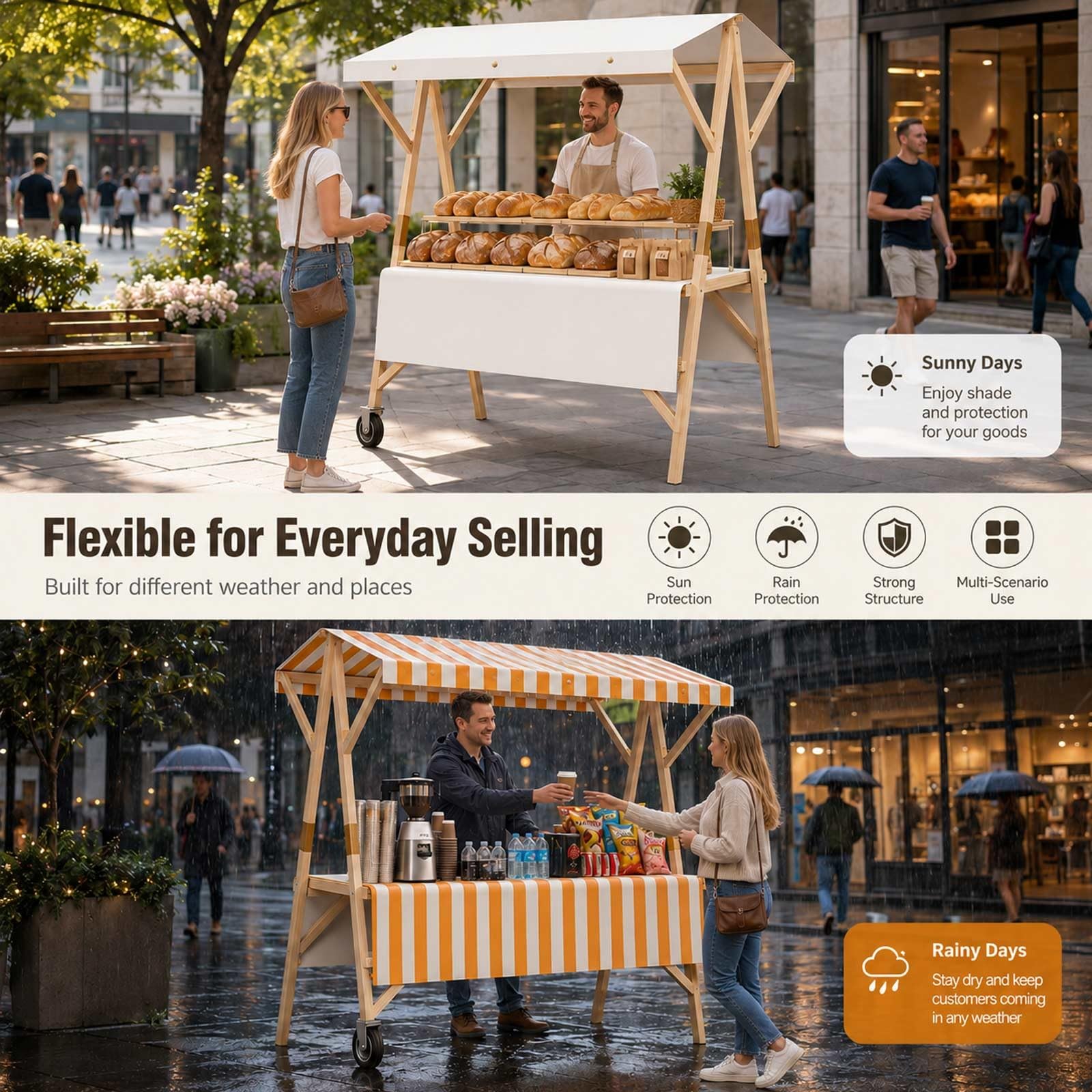 Carrito De Venta Portátil con Toldo, Carritos De Comida Móviles con Ruedas con Bloqueo, Puesto Ambulante Plegable, Kiosco Snack Madera, Stand Exhibición para Bazar Y Catering(White,L 120cm/47.2in)