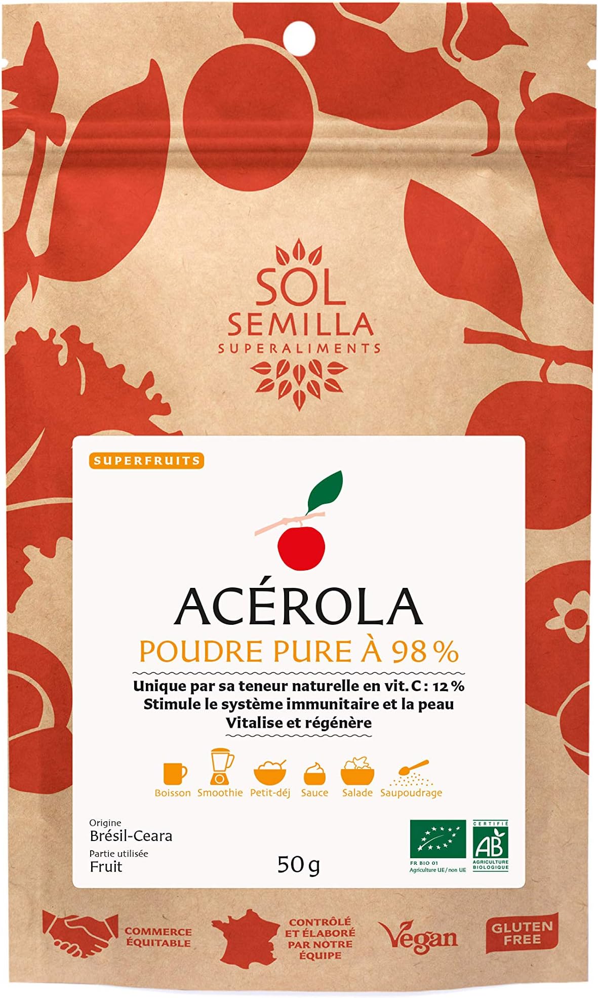 Organic Acerola cherry - Raw Acerola cherry powder - Pure 98% (The purest on the market) | 50g | Sol Semilla