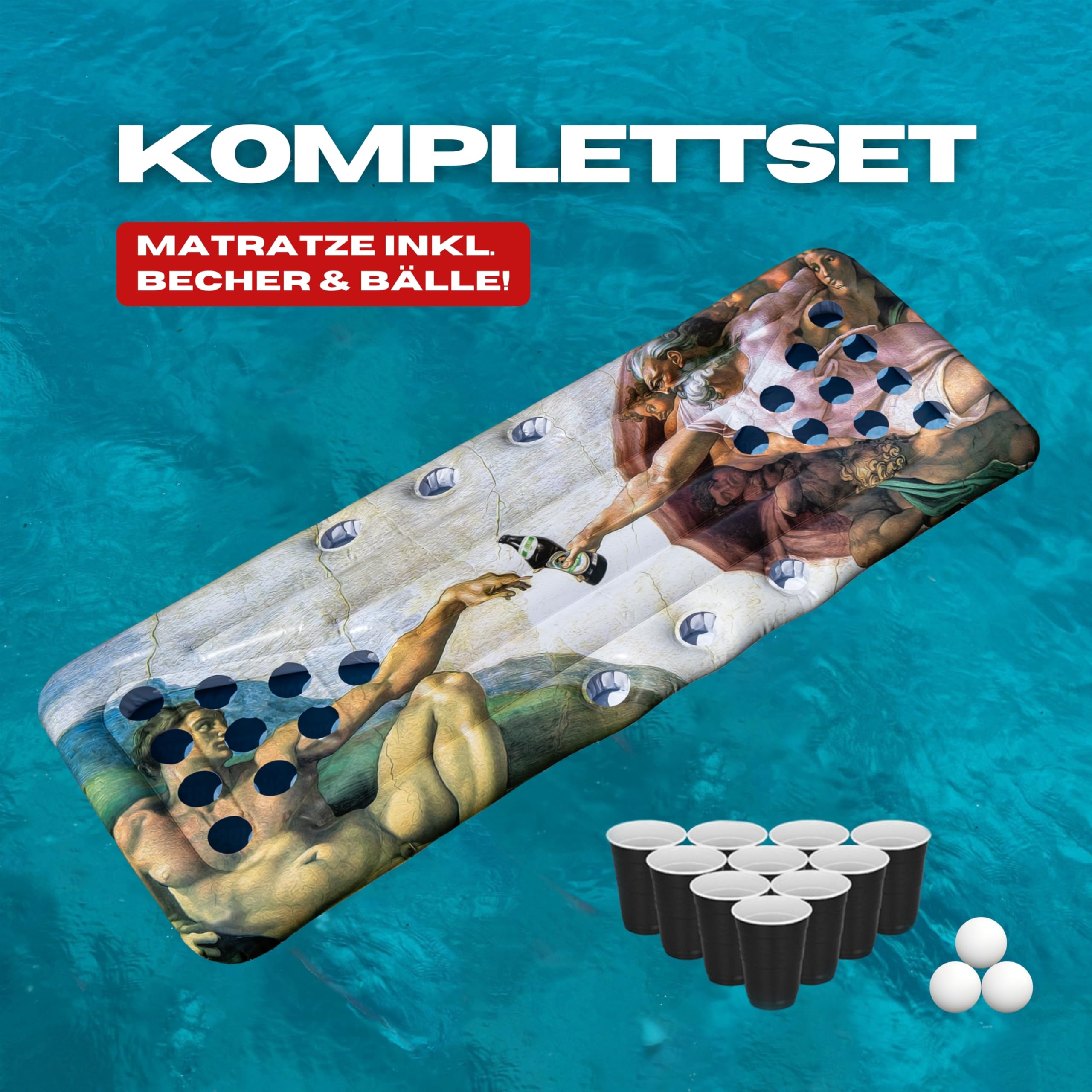 Colchón hinchable para piscina XXL – Beer Pong Pool Juego con 25 tazas y 3 bolas – Juego de fiesta inflable para el mar, vacaciones y verano (rojo, negro, blanco)