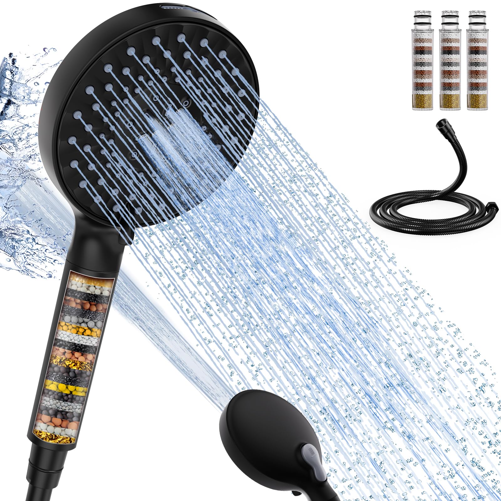SR SUN RISE Soffione Doccia con 4 Filtro e Tubo Anticalcare Nero Opaco | Doccino Filtrant ad Alta Pressione e 9 modalità, Telefono Doccia e Tubo contro l'Acqua Dura, Cloro Residuo e Metalli Pesantii
