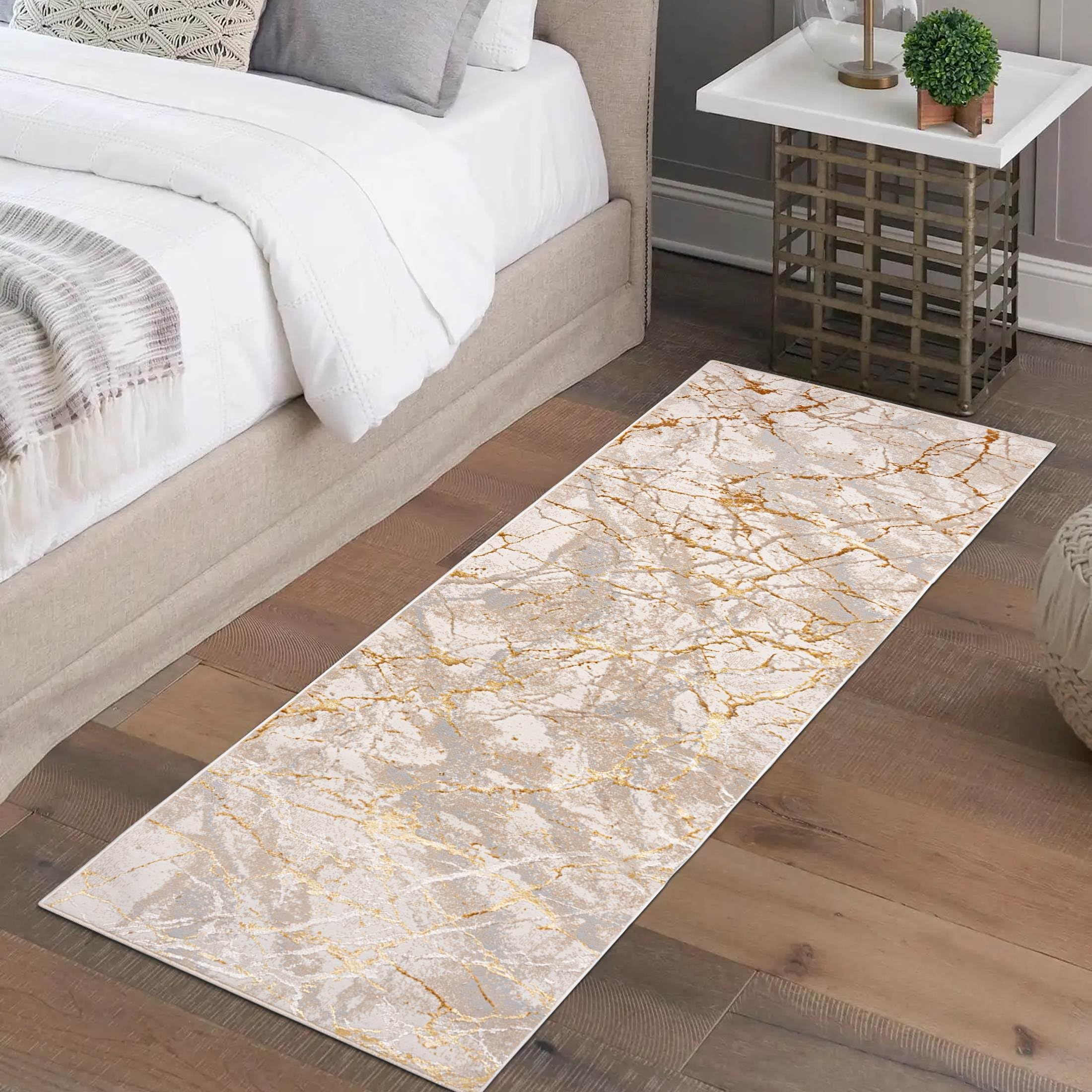 Mazovia Tappeto per Corridoio - Passatoia Corridoio Moderne - Motivo Astratto - Tappeto a pelo Corto per Ingresso, Salotto - Certificato Oeko-Tex - Tappeto Beige Crema con Oro 70x750 cm