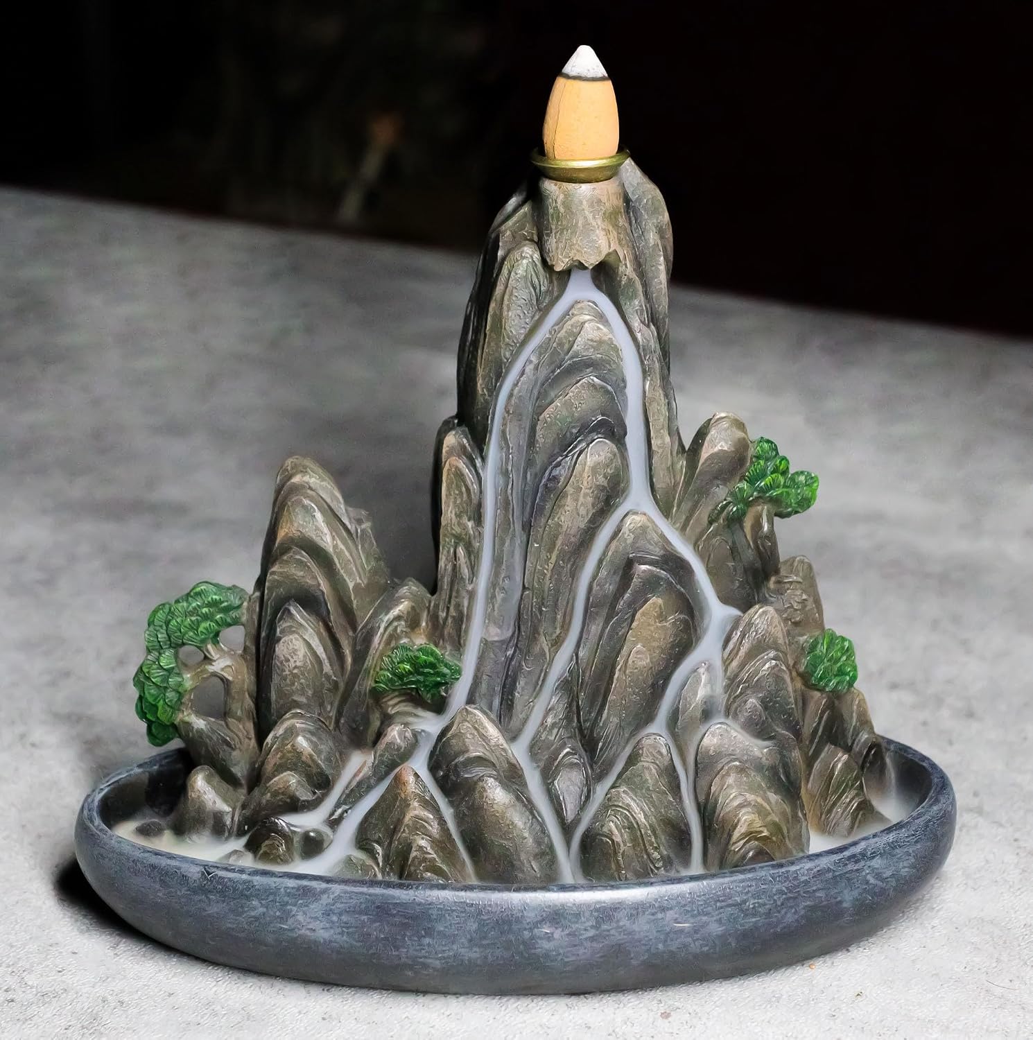Ebros Gift Feng Shui Zen Eastern Tranquility Rocky Mountain Range Scene with Trees and Greeneries Smoke Waterfall Backflow Cone Incense Burner Holder Figurine