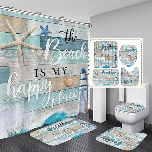 Chrainy 4Pcs Nautical Ocean Shower Curtain Sets Sea Wooden Bathroom