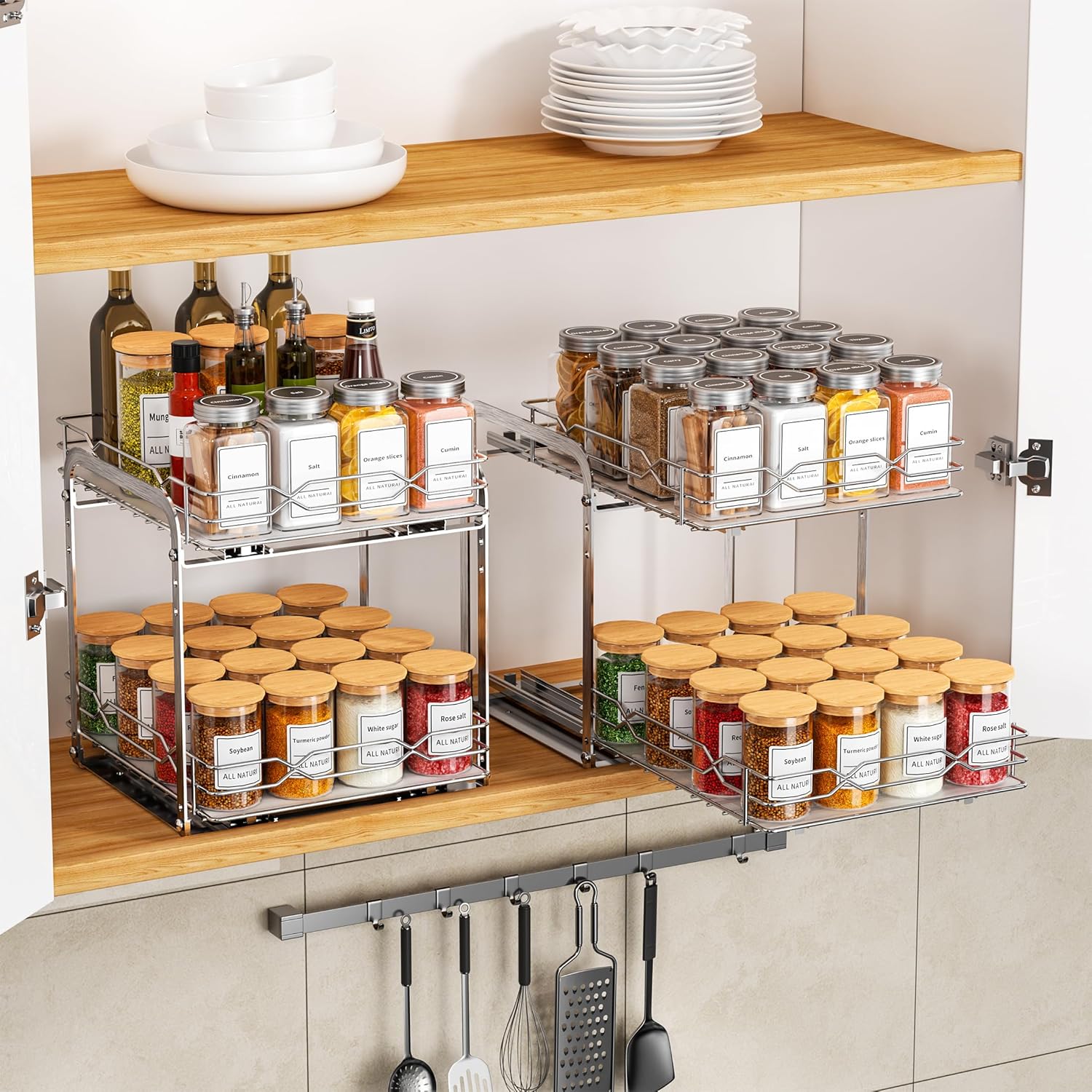 Pull Out Spice Rack, 2 Tier Spice Organization for Cabinet, Heavy Duty Spice Rack, 9-1/4 inch Wide - Spice Racks for Inside Cabinets, Kitchen, Pantry - Chrome, 9.25”W x 10.39”D x 9.76”H