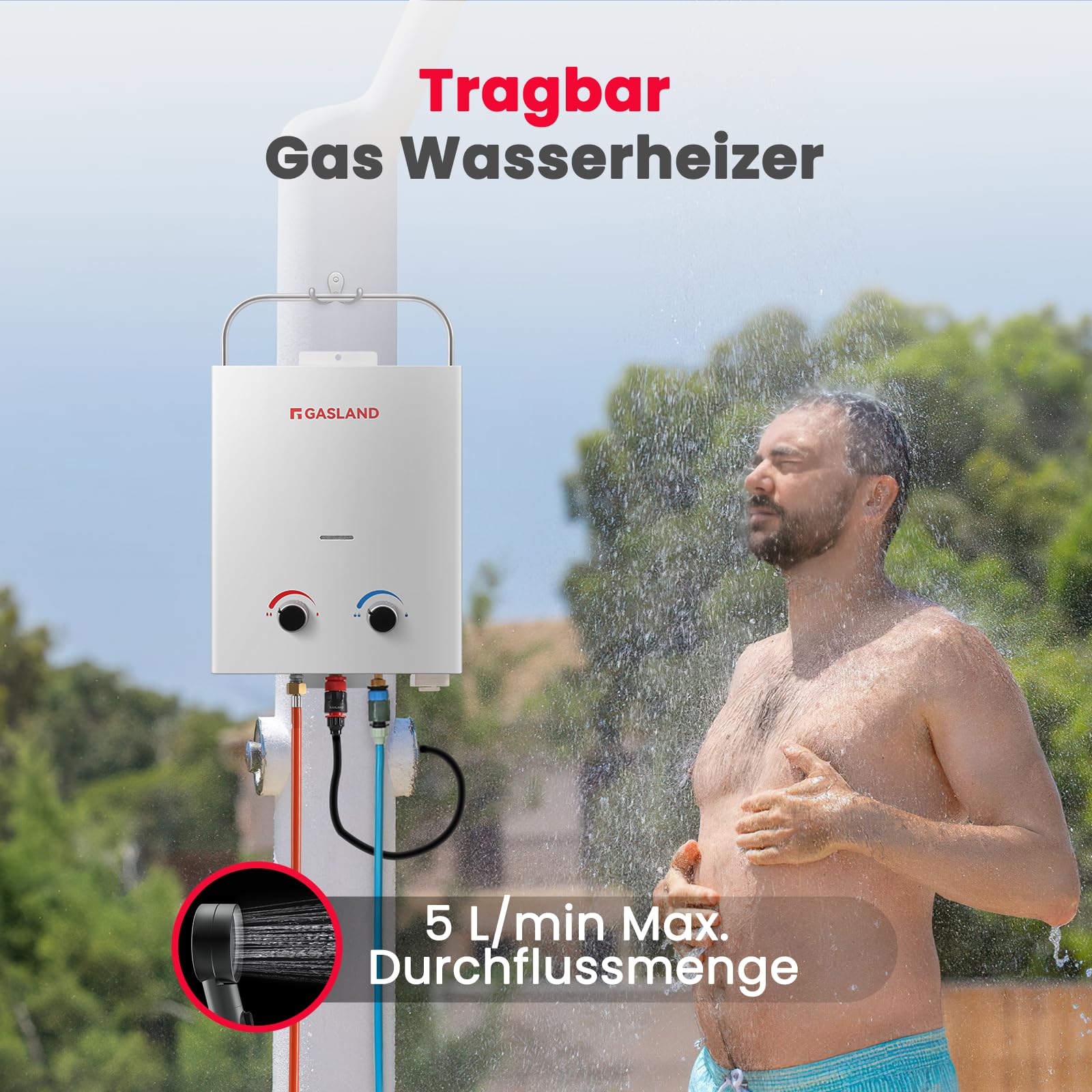 GASLAND 5L Gasdurchlauferhitzer, AS132 Propan Durchlauferhitzer 50mbar, LPG Wassererhitzer für Wohnmobil Camping Dusche Waschen Pferd