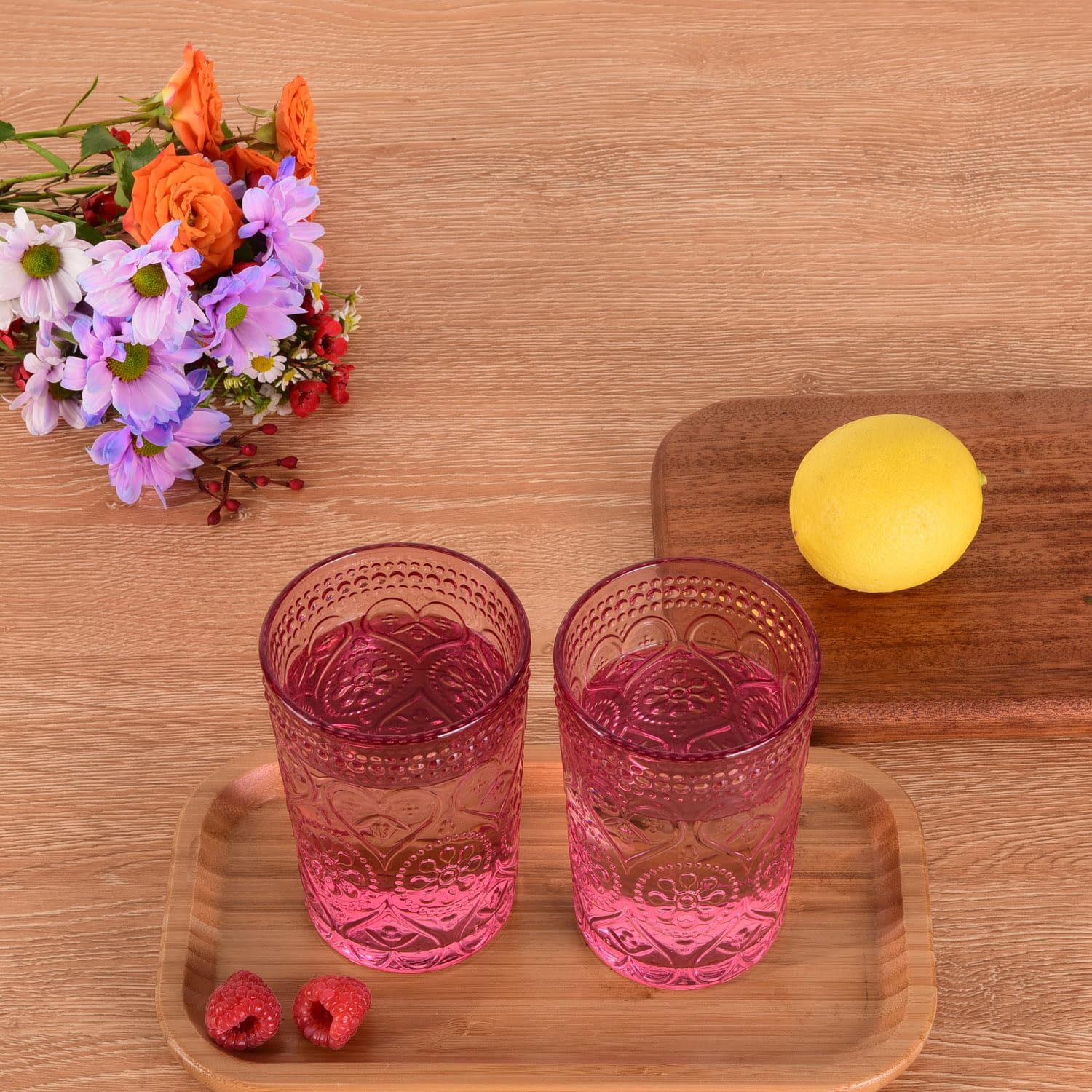 GLASS SMILE Vintage Trinkgläser Set von 4-12 oz rosa geprägte altmodische Wassergläser Tumbler für Whisky, Bier, Saft, Getränke, Cocktail